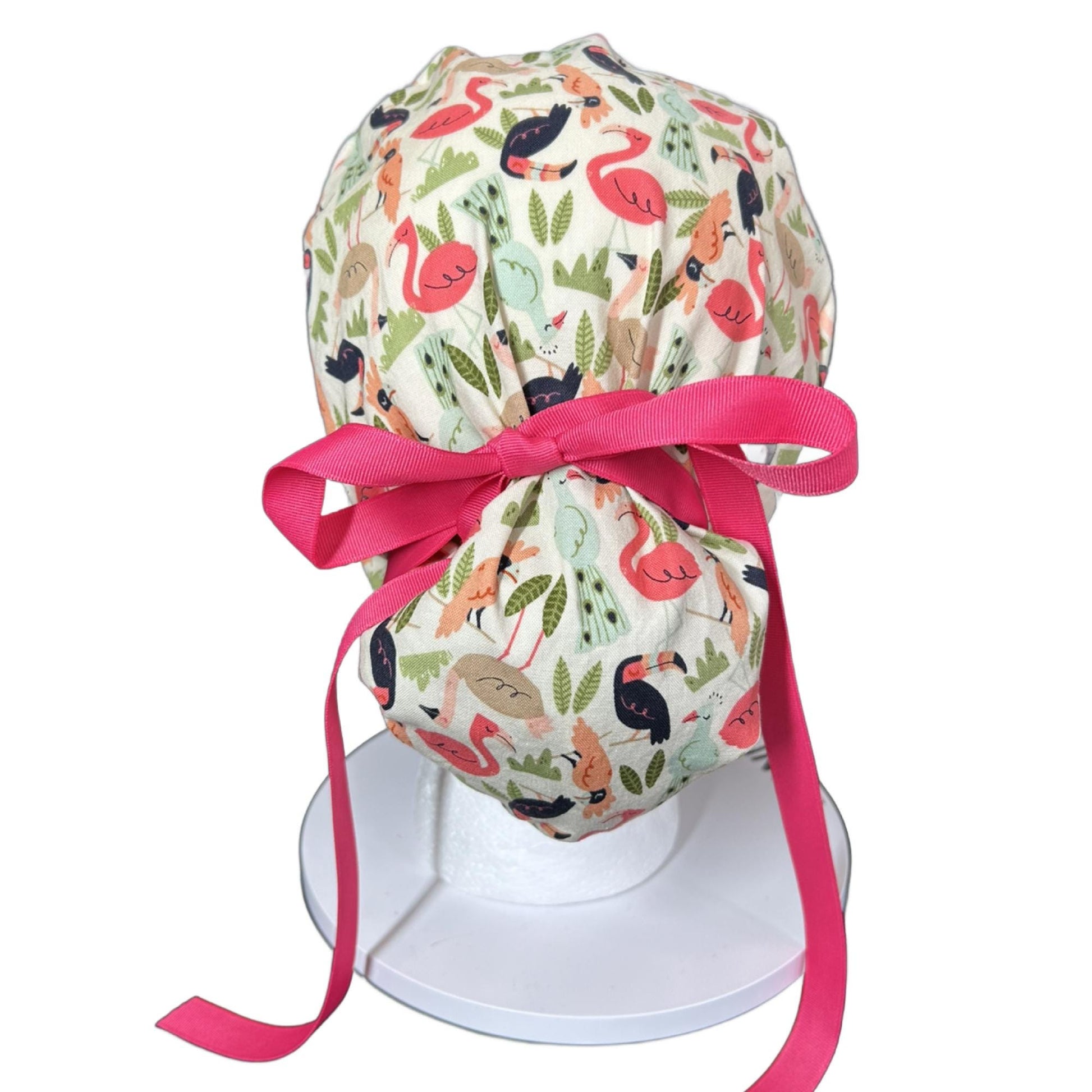 Pink and cream jungle birds scrub cap, women’s bird print ponytail scrub hat, Bonnet Head Designs