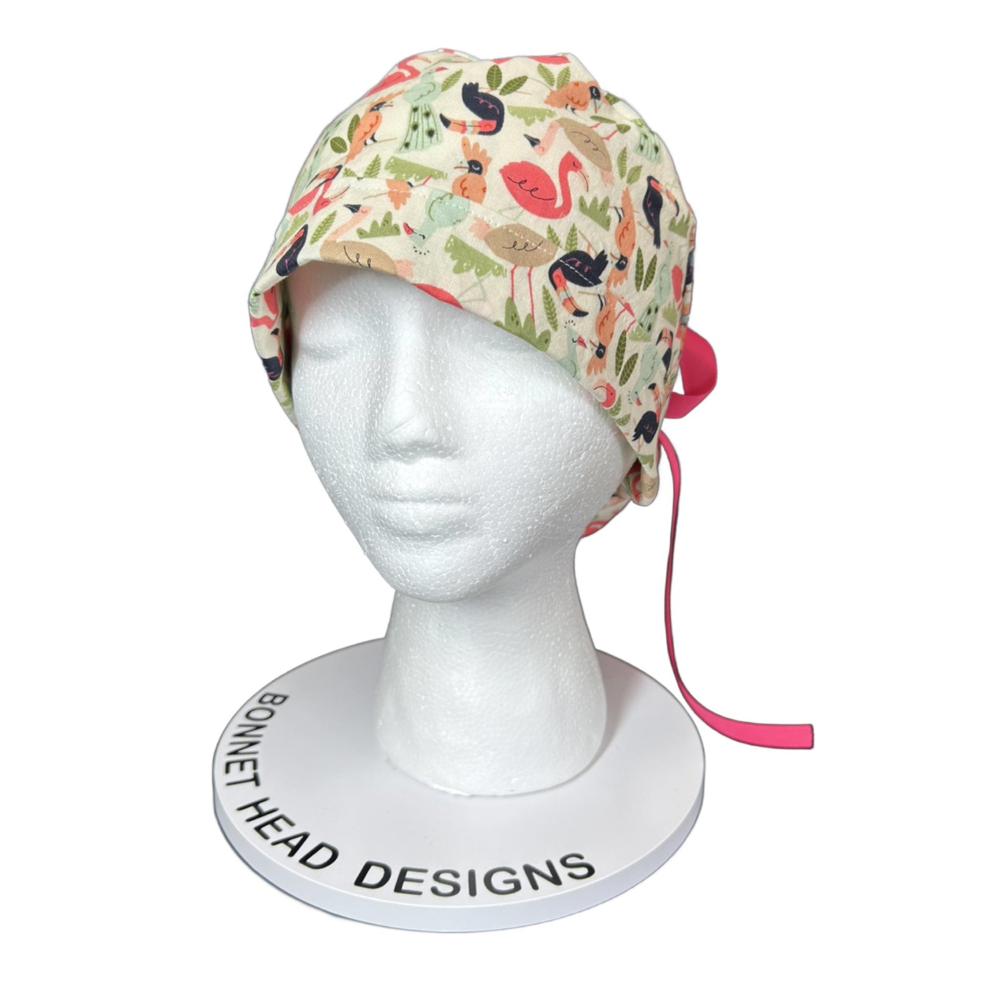 Pink and cream jungle birds scrub cap, women’s bird print ponytail scrub hat, Bonnet Head Designs