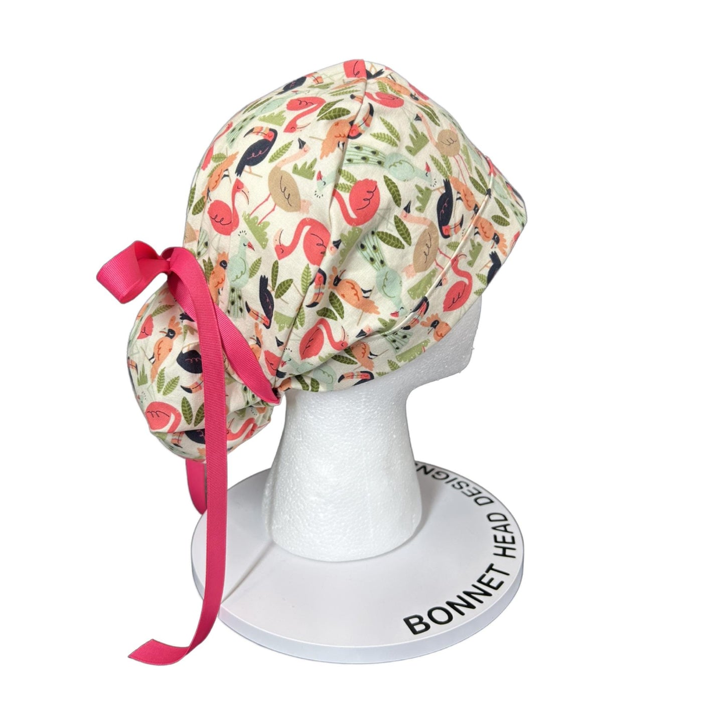 Pink and cream jungle birds scrub cap, women’s bird print ponytail scrub hat, Bonnet Head Designs