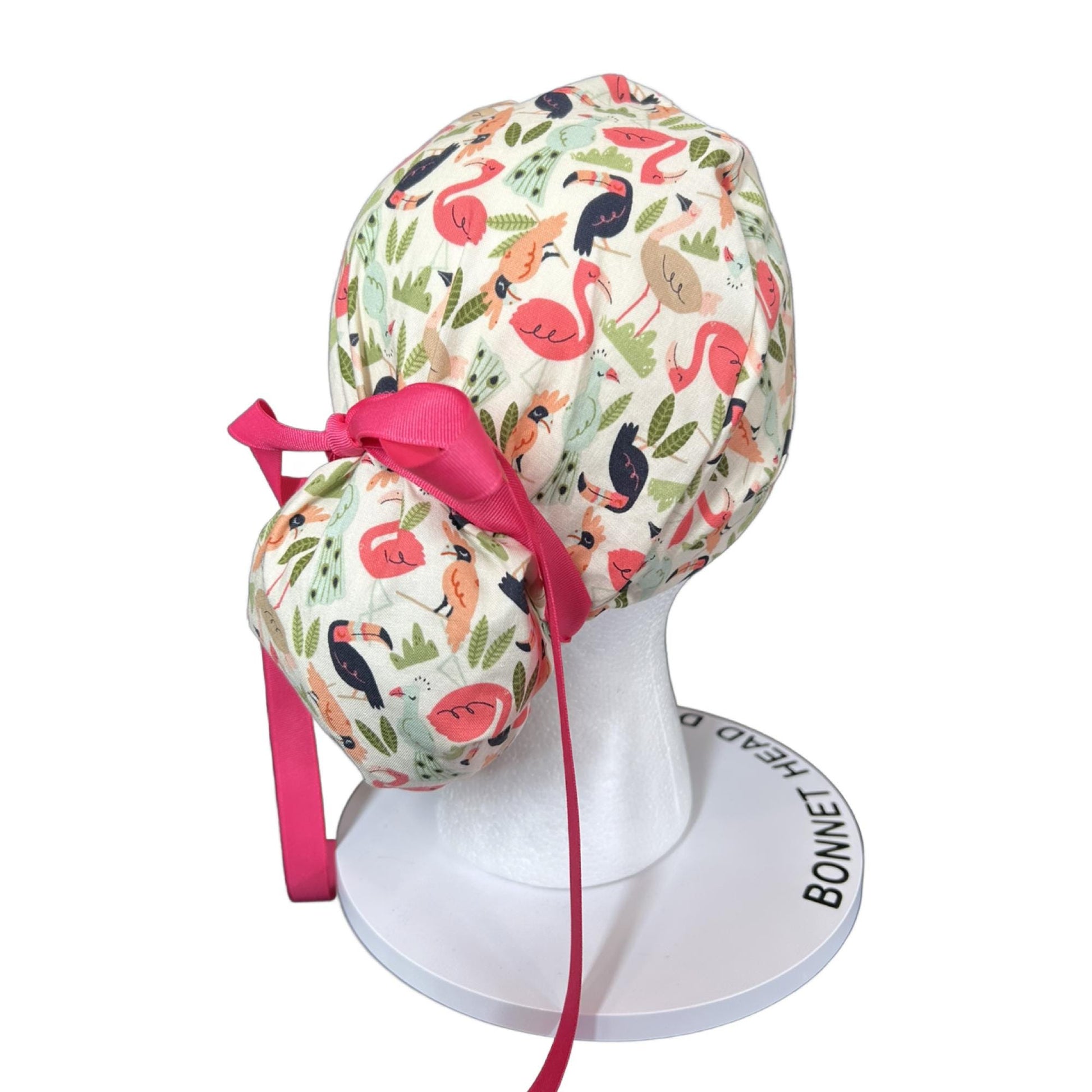 Pink and cream jungle birds scrub cap, women’s bird print ponytail scrub hat, Bonnet Head Designs