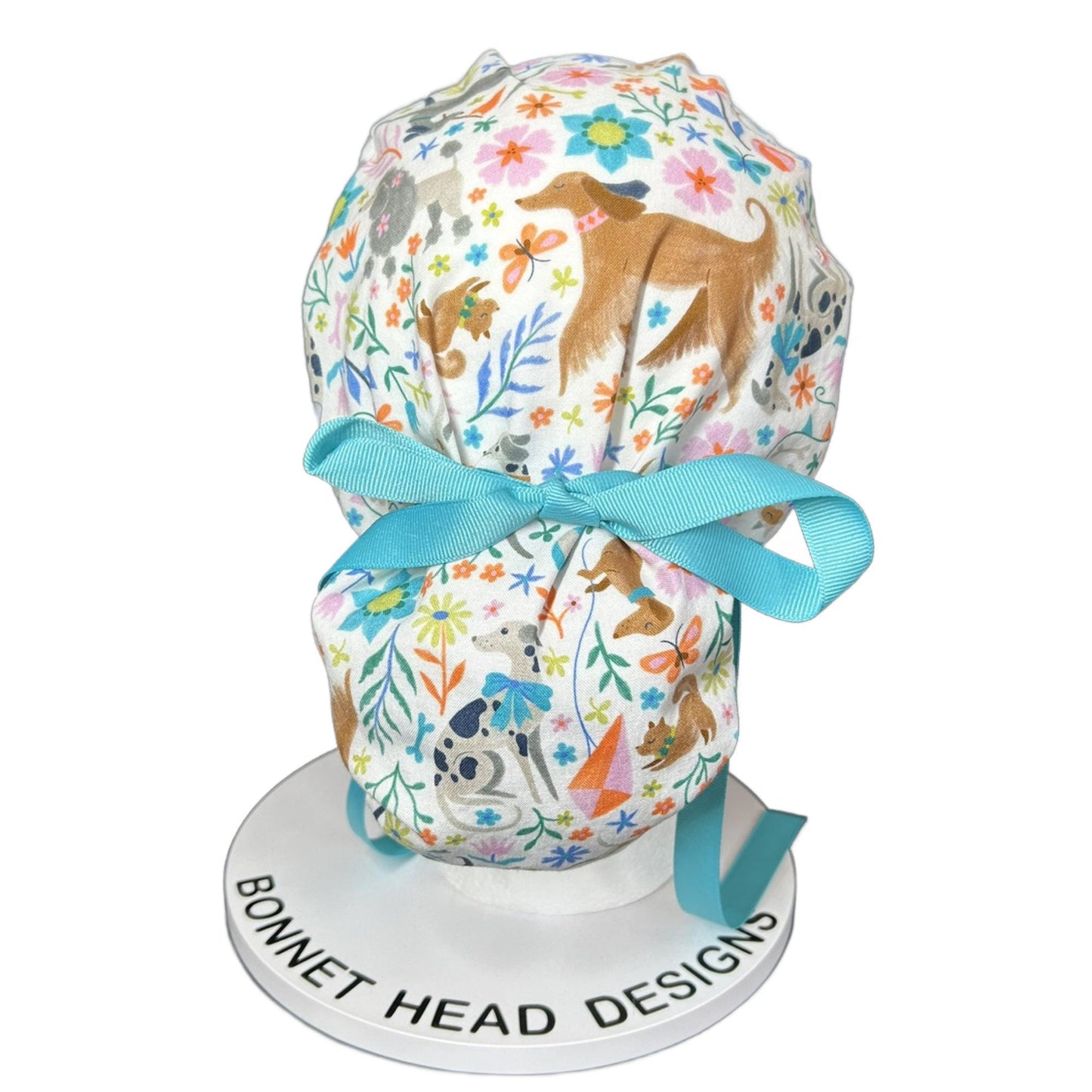 Ruff days spring dog print ponytail scrub cap, floral dog print premium ponytail scrub hat