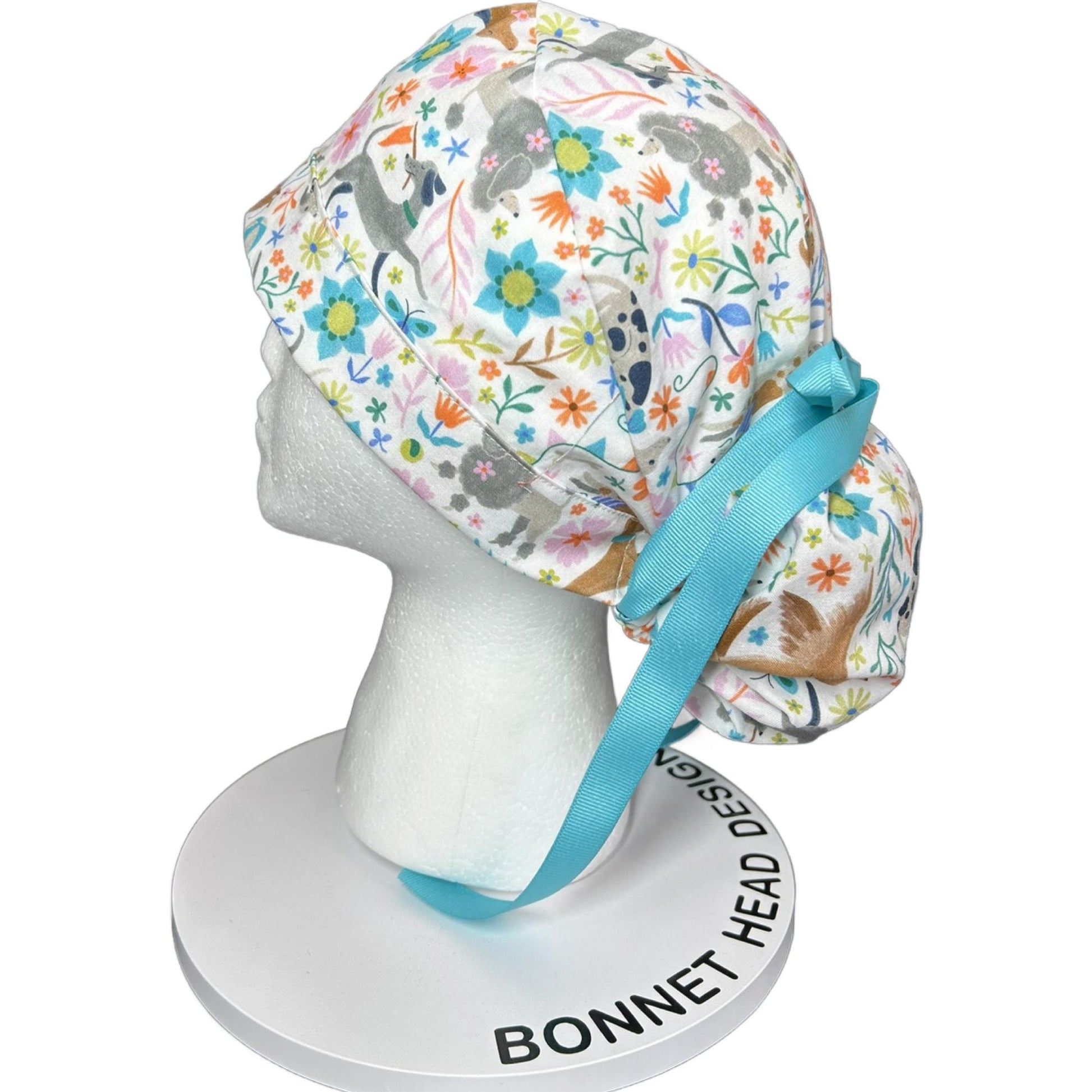 Ruff days spring dog print ponytail scrub cap, floral dog print premium ponytail scrub hat