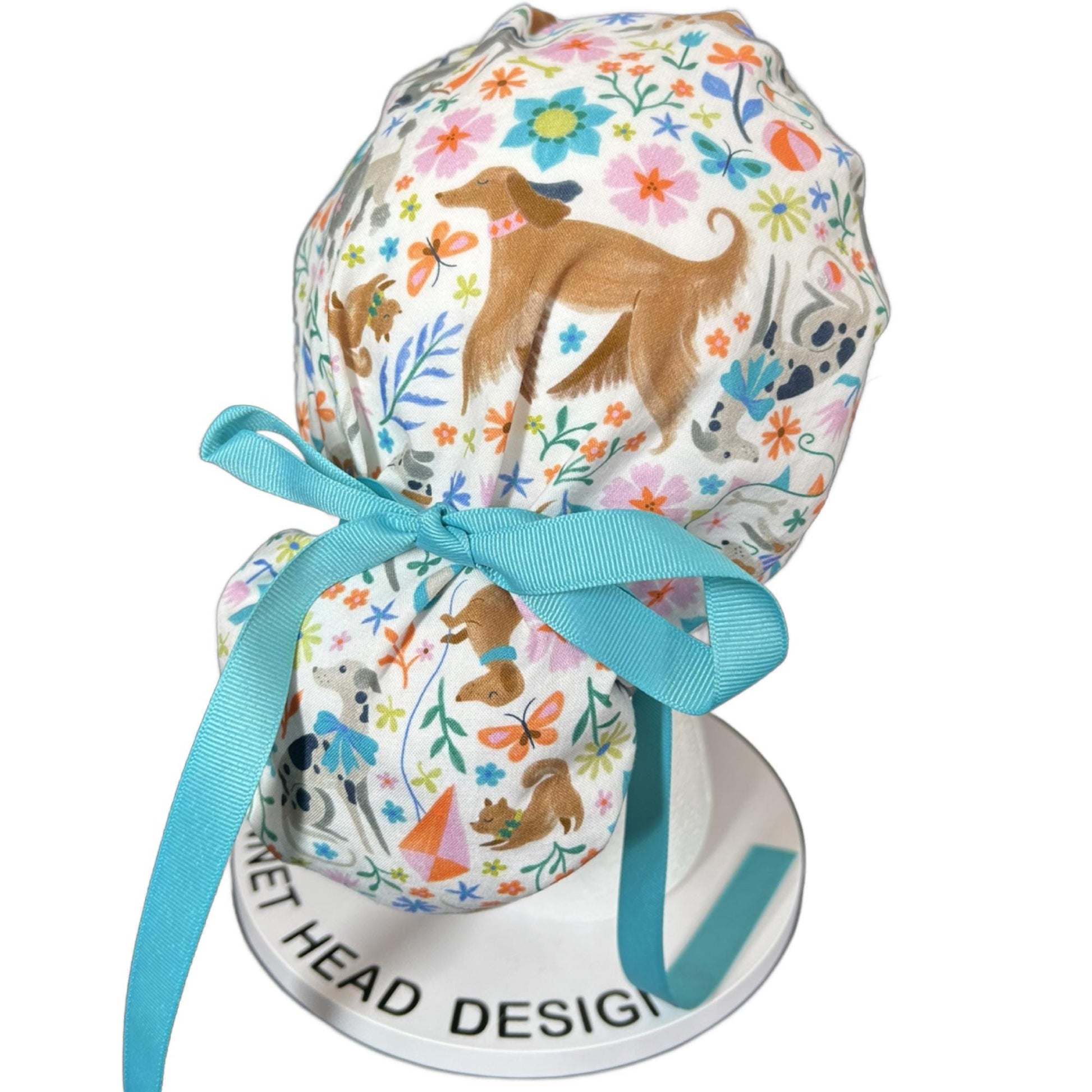 Ruff days spring dog print ponytail scrub cap, floral dog print premium ponytail scrub hat