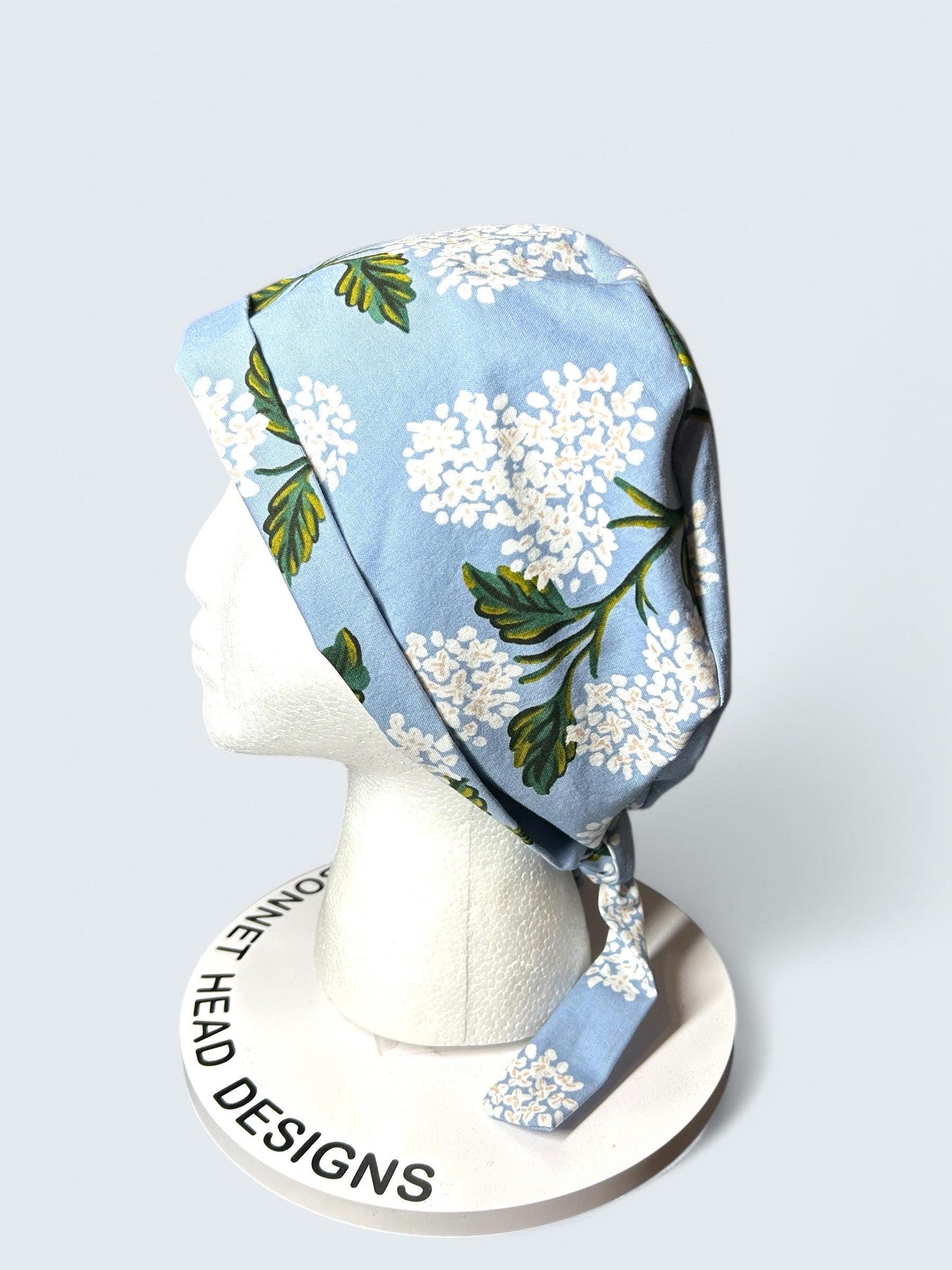 Rifle Paper co blue hydrangea fabric tie back scrub cap, women’s spring hydrangeas floral scrub cap pixie style , Bonnet Head Designs