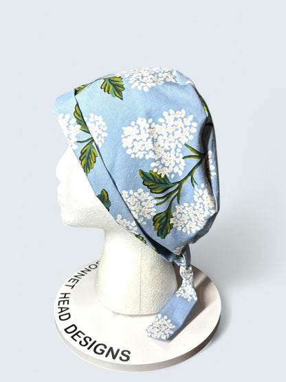 Rifle Paper co blue hydrangea fabric tie back scrub cap, women’s spring hydrangeas floral scrub cap pixie style , Bonnet Head Designs