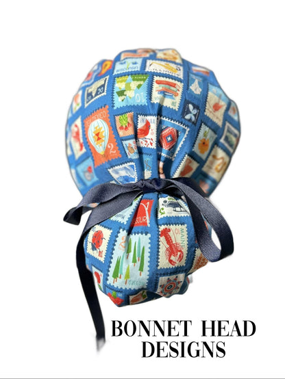 Cross Country ponytail scrub cap, state stamps print women’s scrub cap with satin lining option