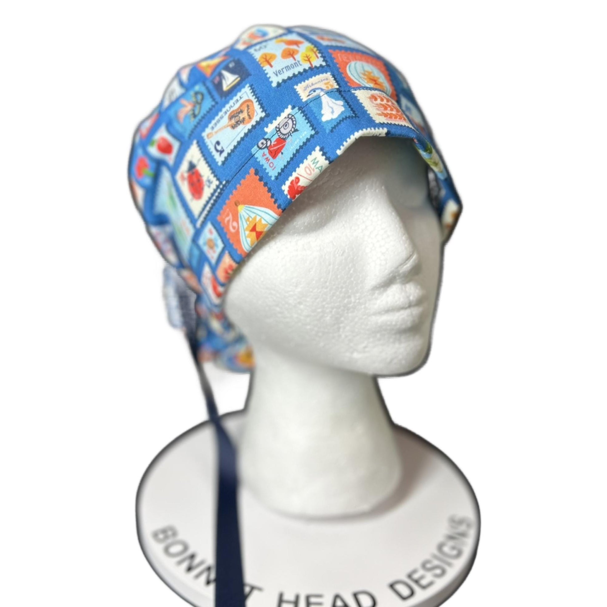 Cross Country ponytail scrub cap, state stamps print women’s scrub cap with satin lining option