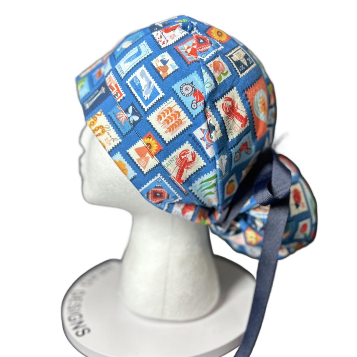 Cross Country ponytail scrub cap, state stamps print women’s scrub cap with satin lining option