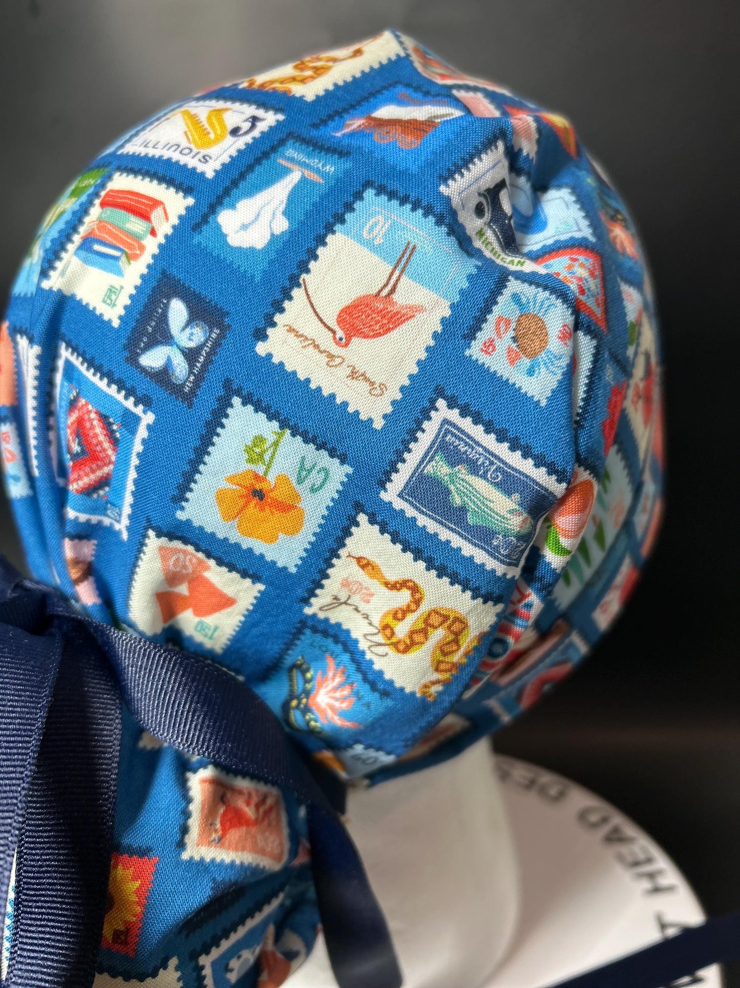 Cross Country ponytail scrub cap, state stamps print women’s scrub cap with satin lining option
