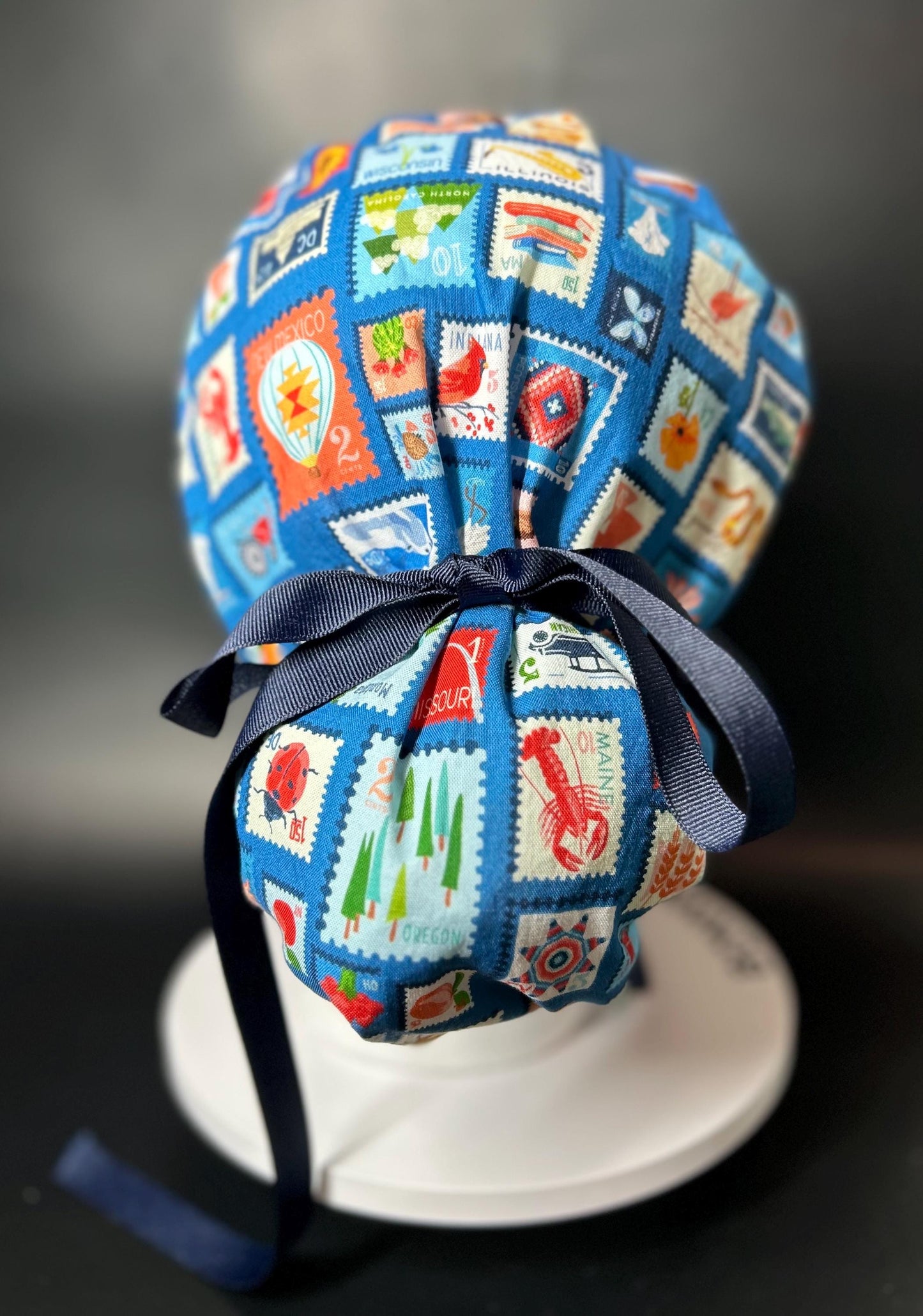 Cross Country ponytail scrub cap, state stamps print women’s scrub cap with satin lining option