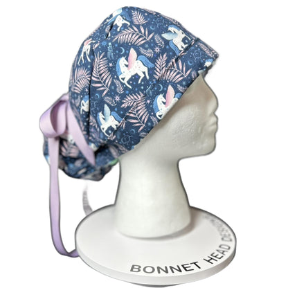 Stargazer Heavenly in Midnight unicorn ponytail scrub hat, women’s navy unicorns scrub cap