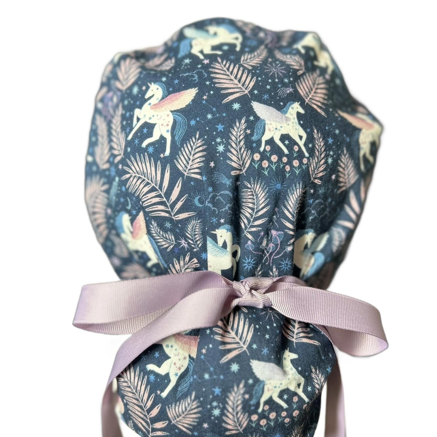 Stargazer Heavenly in Midnight unicorn ponytail scrub hat, women’s navy unicorns scrub cap