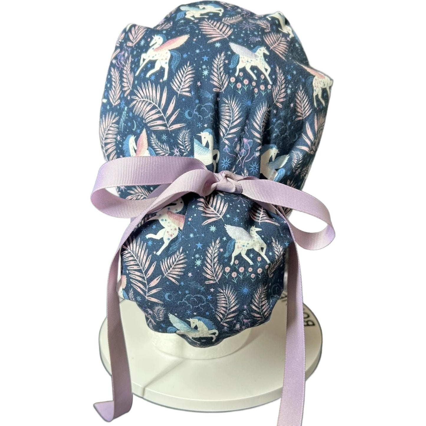 Stargazer Heavenly in Midnight unicorn ponytail scrub hat, women’s navy unicorns scrub cap