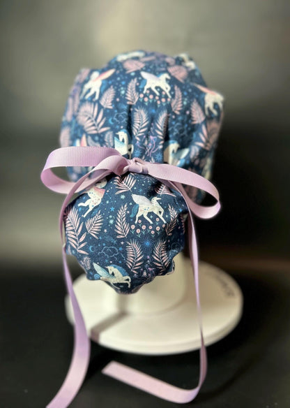 Stargazer Heavenly in Midnight unicorn ponytail scrub hat, women’s navy unicorns scrub cap
