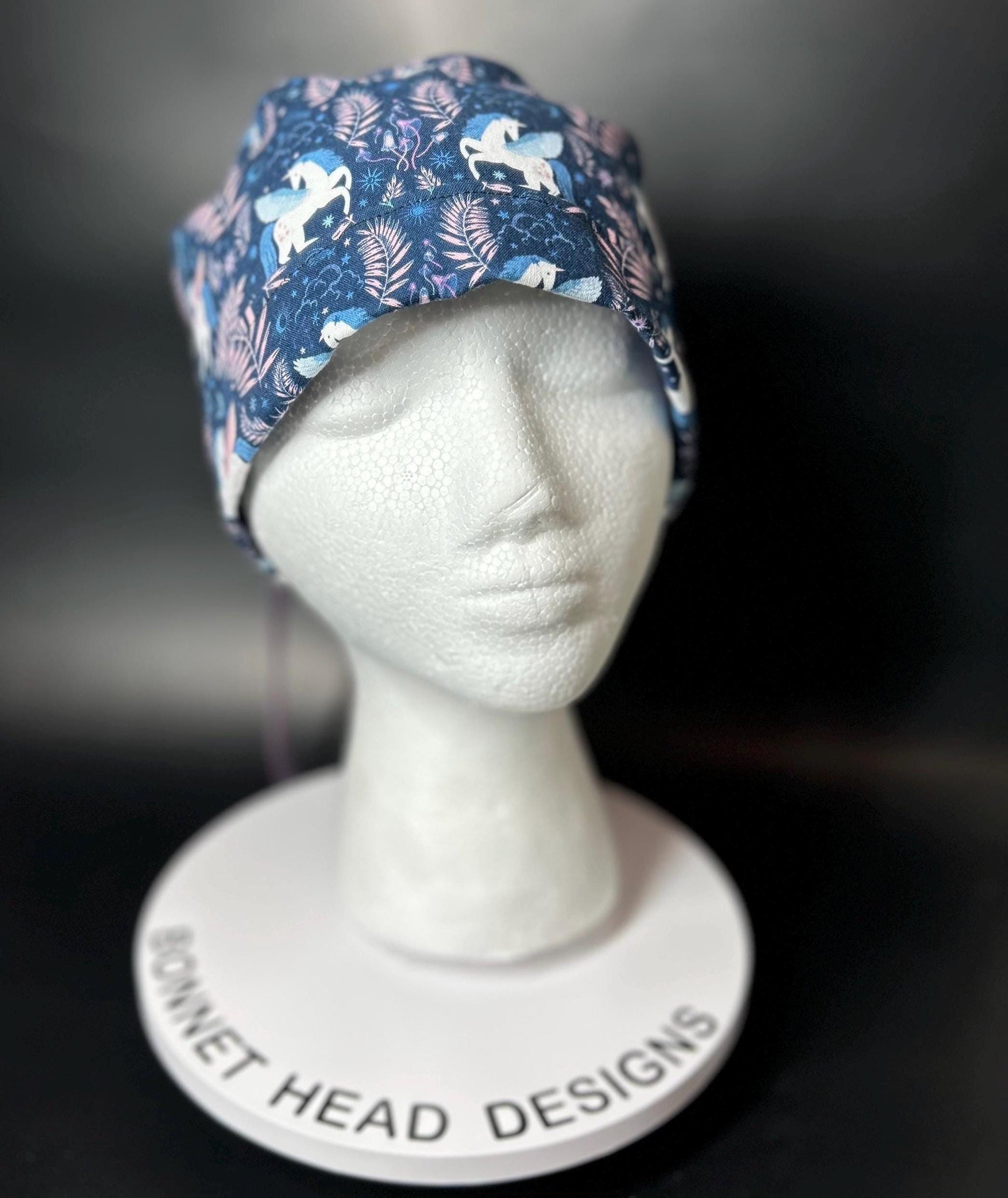 Stargazer Heavenly in Midnight unicorn ponytail scrub hat, women’s navy unicorns scrub cap