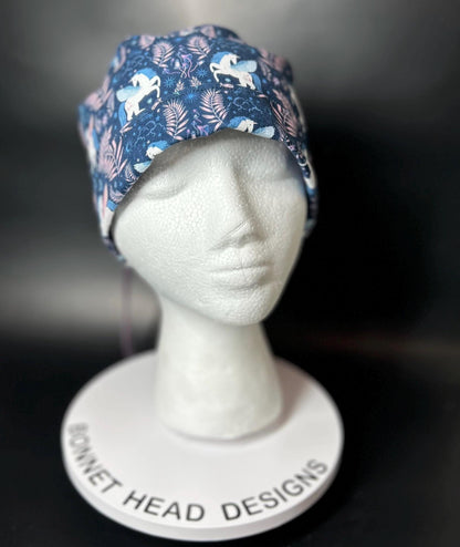 Stargazer Heavenly in Midnight unicorn ponytail scrub hat, women’s navy unicorns scrub cap