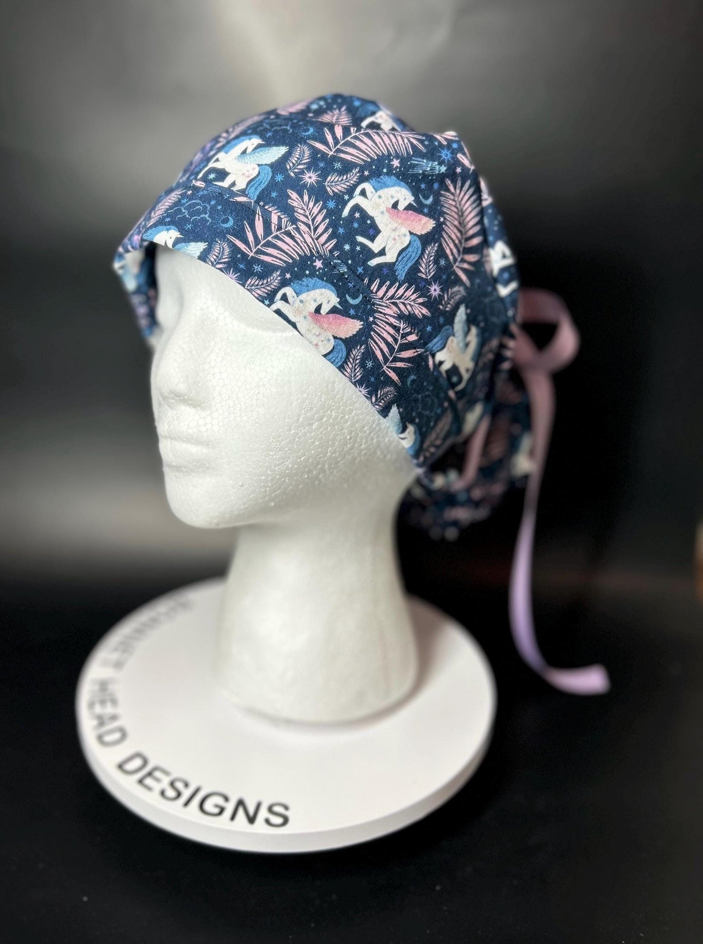 Stargazer Heavenly in Midnight unicorn ponytail scrub hat, women’s navy unicorns scrub cap