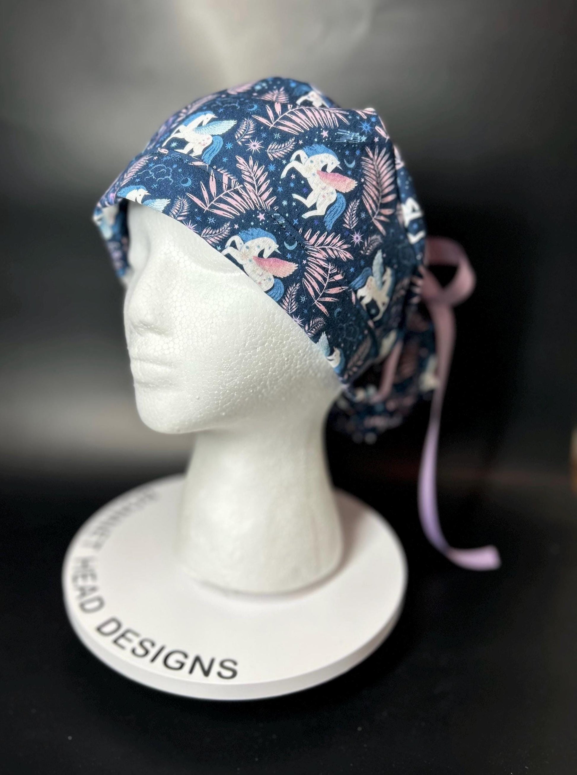Stargazer Heavenly in Midnight unicorn ponytail scrub hat, women’s navy unicorns scrub cap