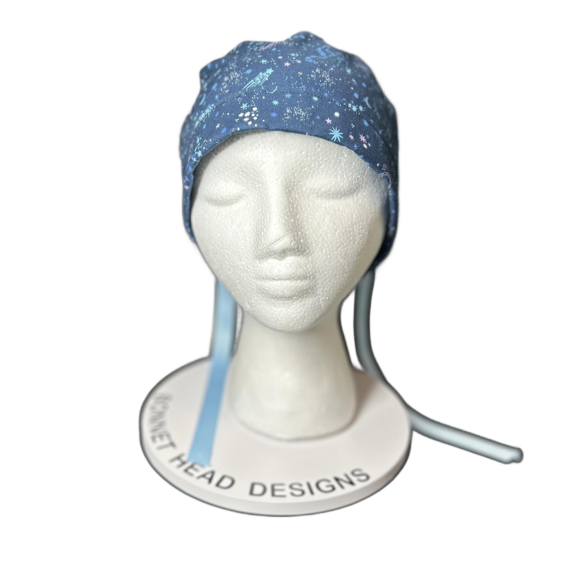 Stargazer Stella in Midnight unicorn stars ponytail scrub hat, women’s navy unicorns constellation star scrub cap