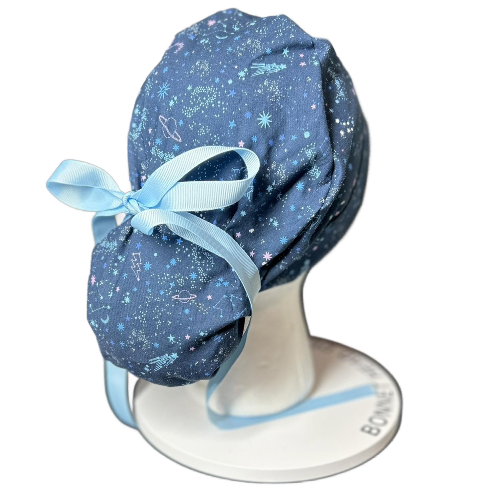 Stargazer Stella in Midnight unicorn stars ponytail scrub hat, women’s navy unicorns constellation star scrub cap