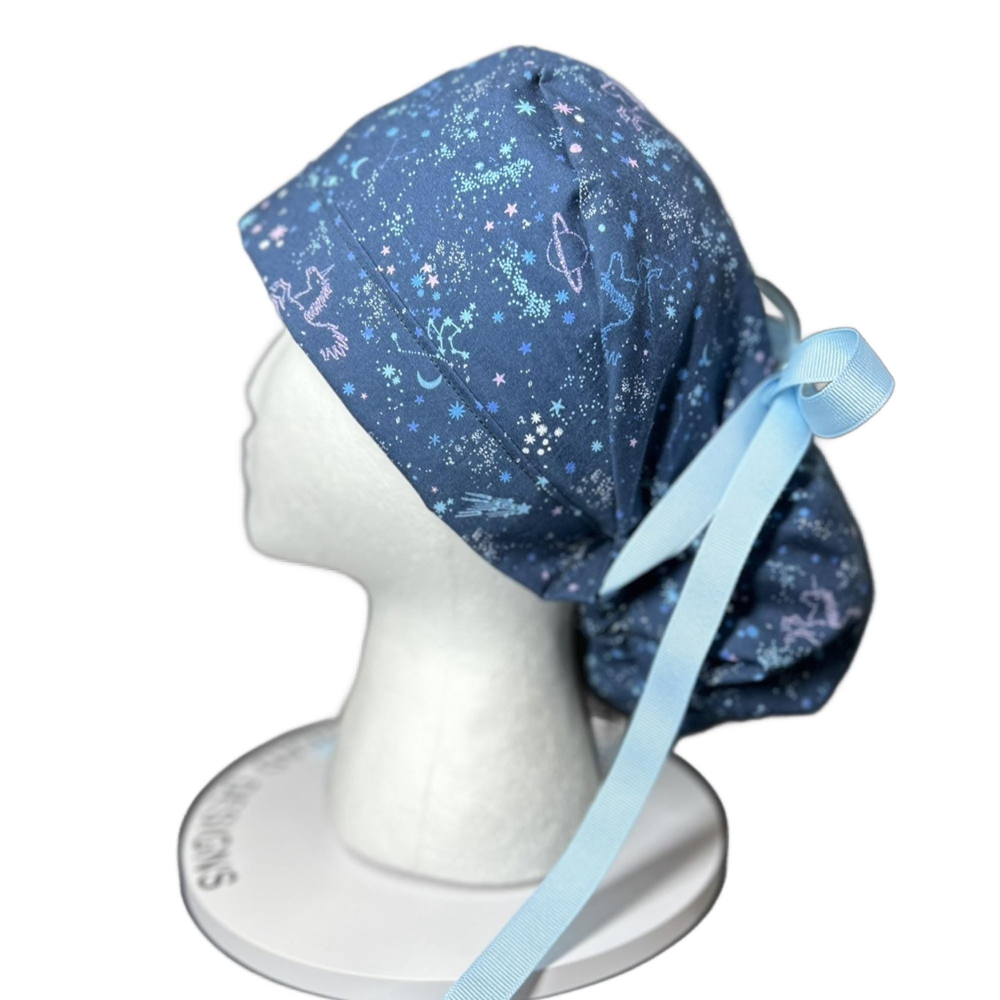 Stargazer Stella in Midnight unicorn stars ponytail scrub hat, women’s navy unicorns constellation star scrub cap