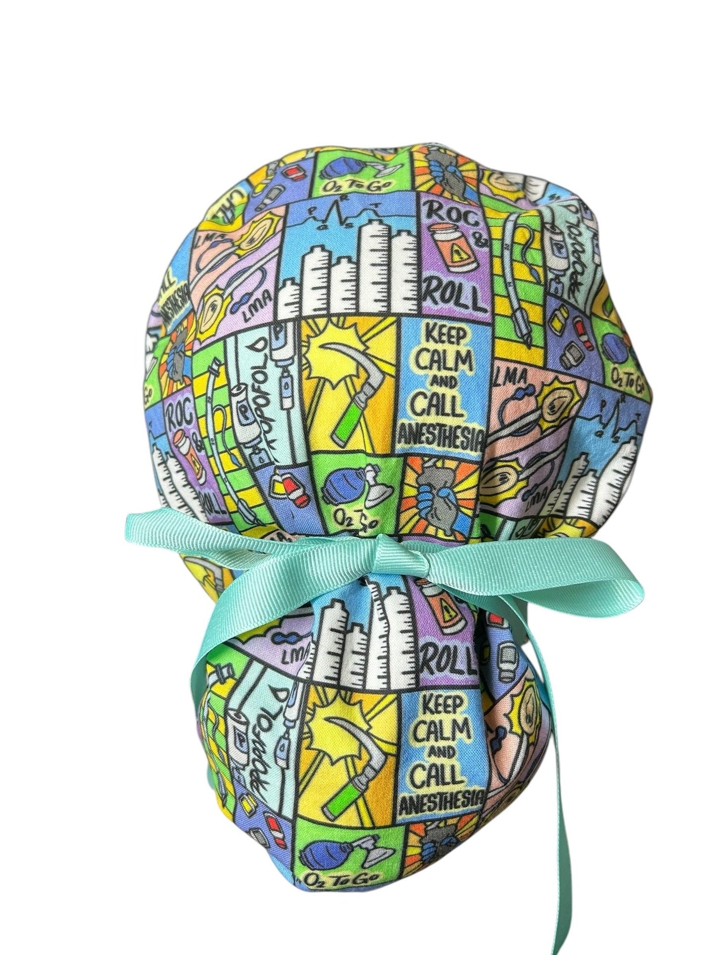 Keep calm and call anesthesia women’s ponytail scrub hat, ponytail scrub hat in anesthesia fabric, gift for doctor or CRNA