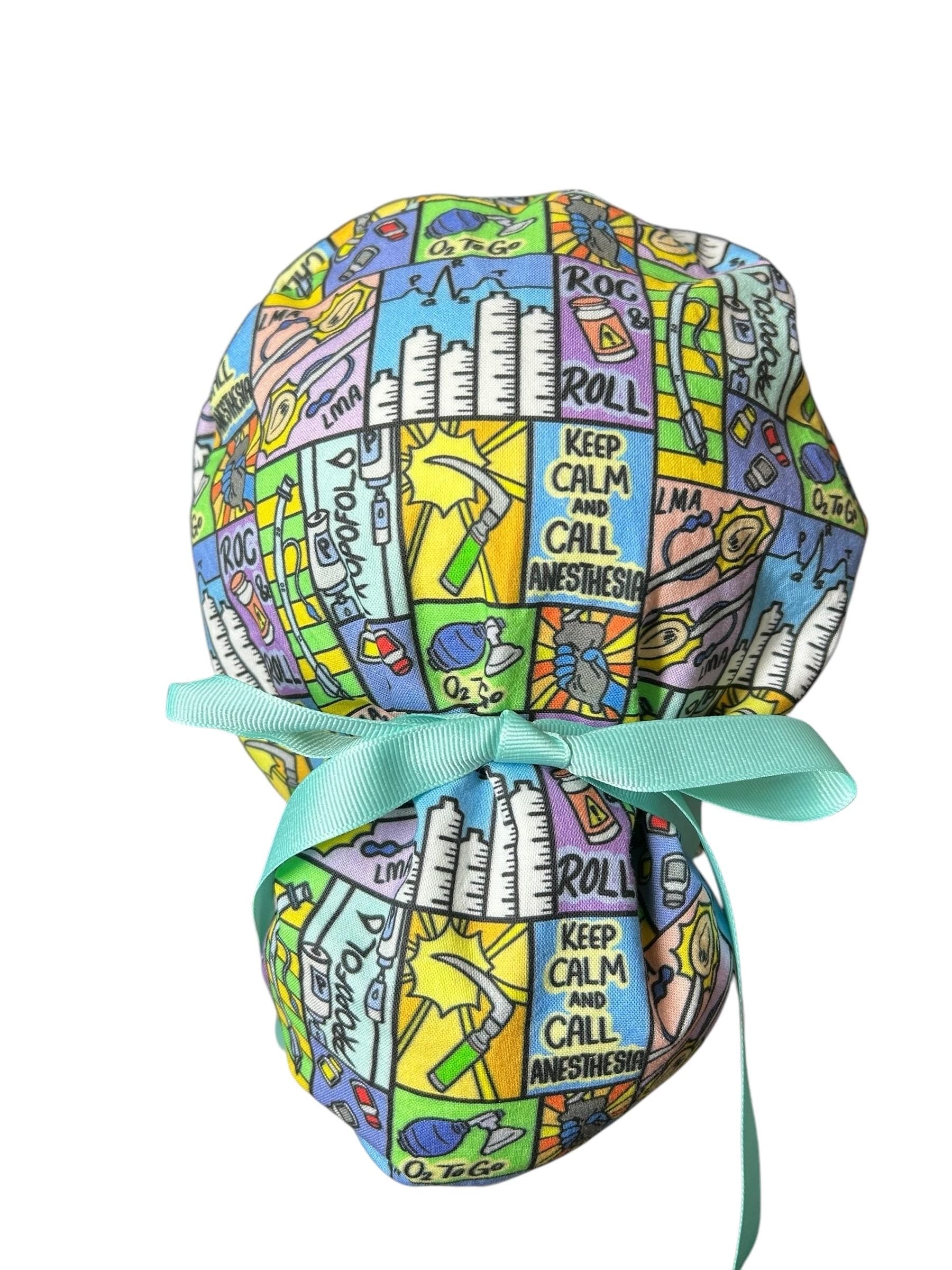 Keep calm and call anesthesia women’s ponytail scrub hat, ponytail scrub hat in anesthesia fabric, gift for doctor or CRNA