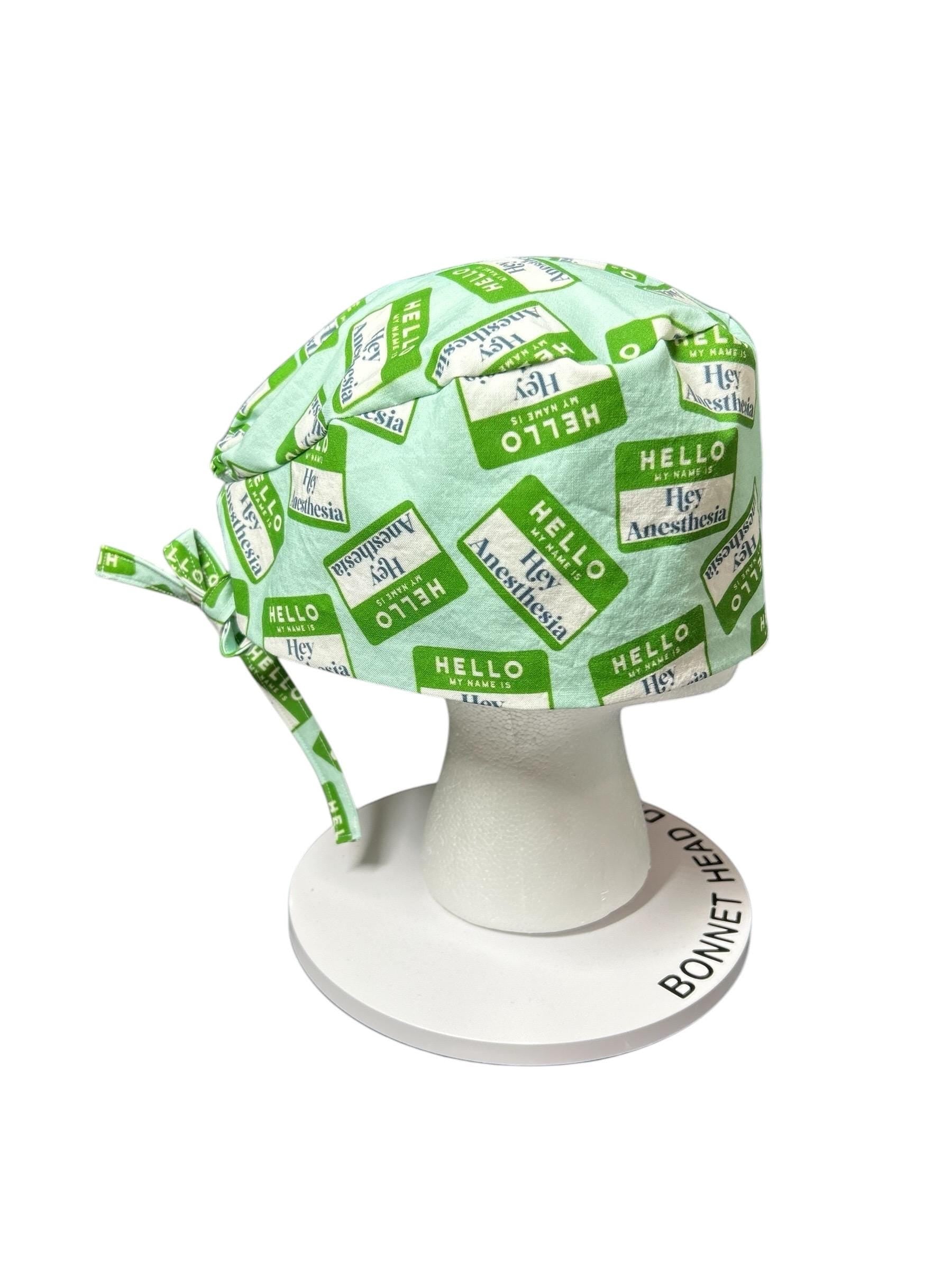Hello my name is Hey Anesthesia scrub hat, men’s scrub hat in anesthesia fabric, gift for doctor or CRNA