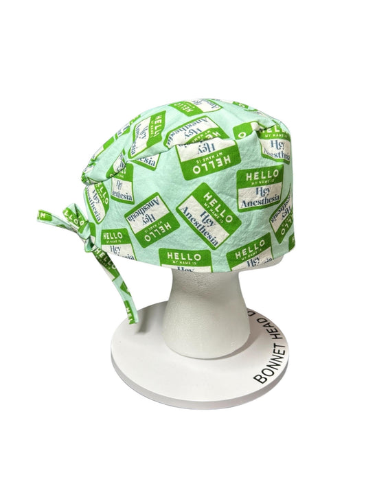 Hello my name is Hey Anesthesia scrub hat, men’s scrub hat in anesthesia fabric, gift for doctor or CRNA