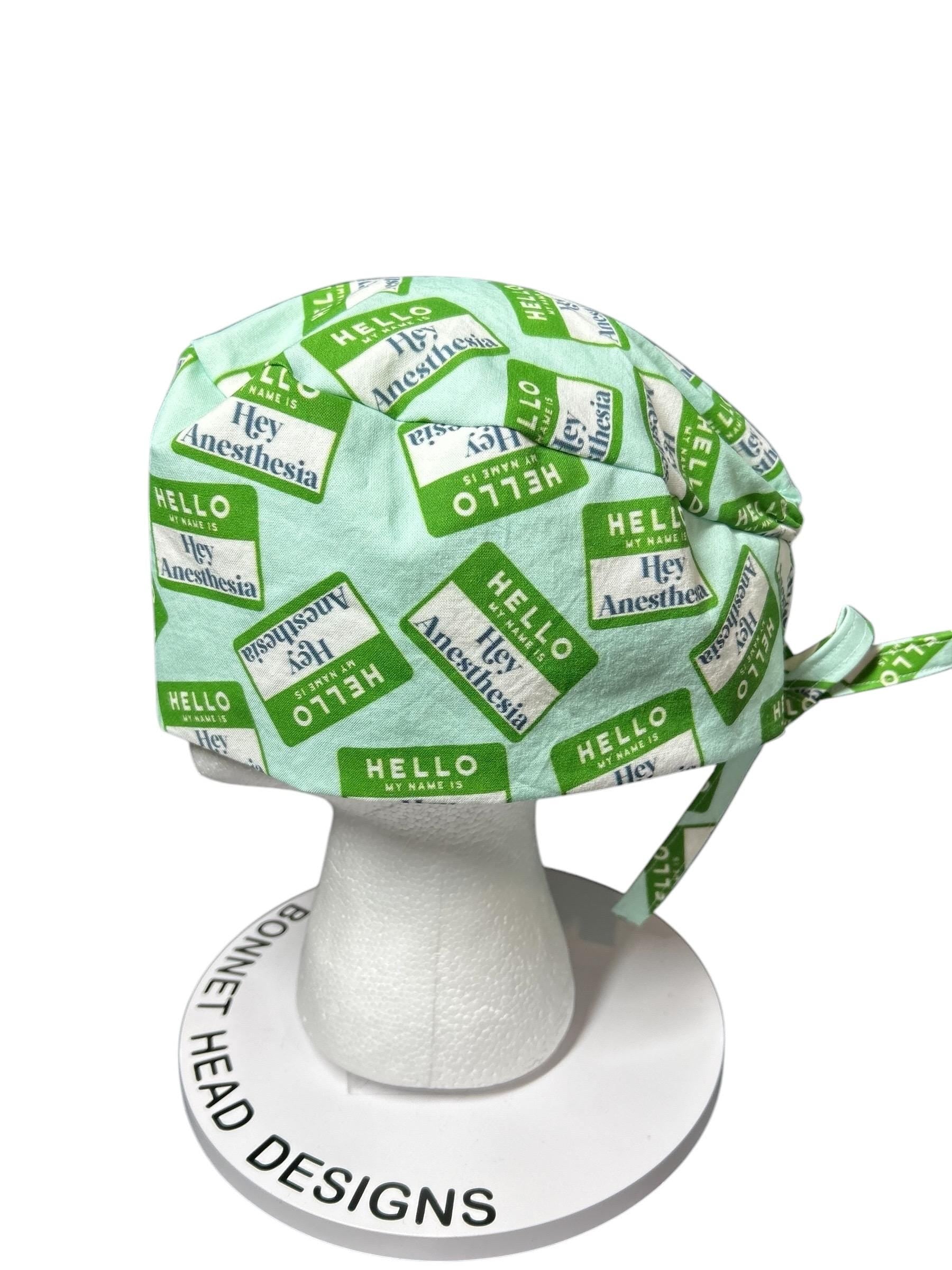 Hello my name is Hey Anesthesia scrub hat, men’s scrub hat in anesthesia fabric, gift for doctor or CRNA