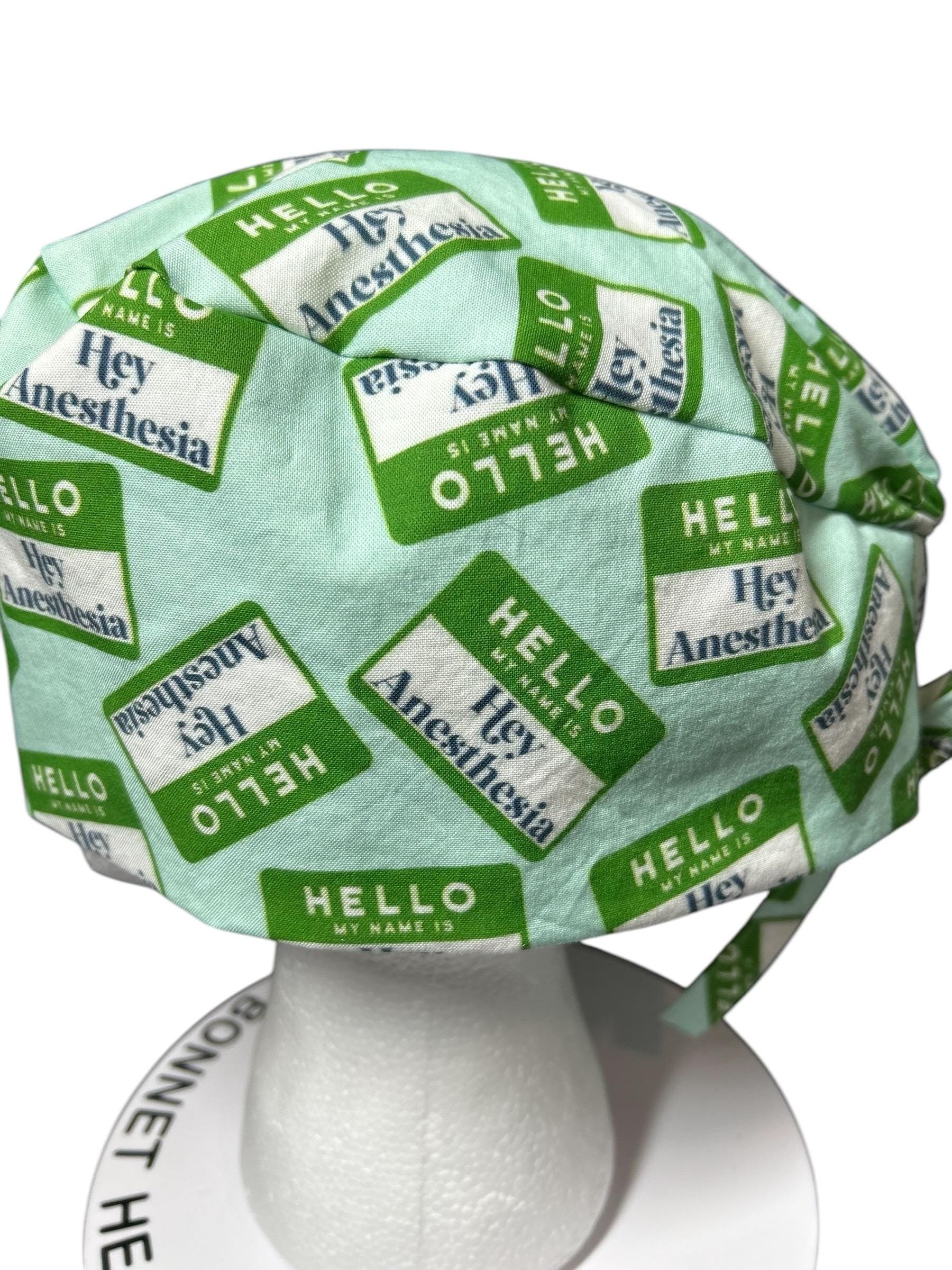 Hello my name is Hey Anesthesia scrub hat, men’s scrub hat in anesthesia fabric, gift for doctor or CRNA