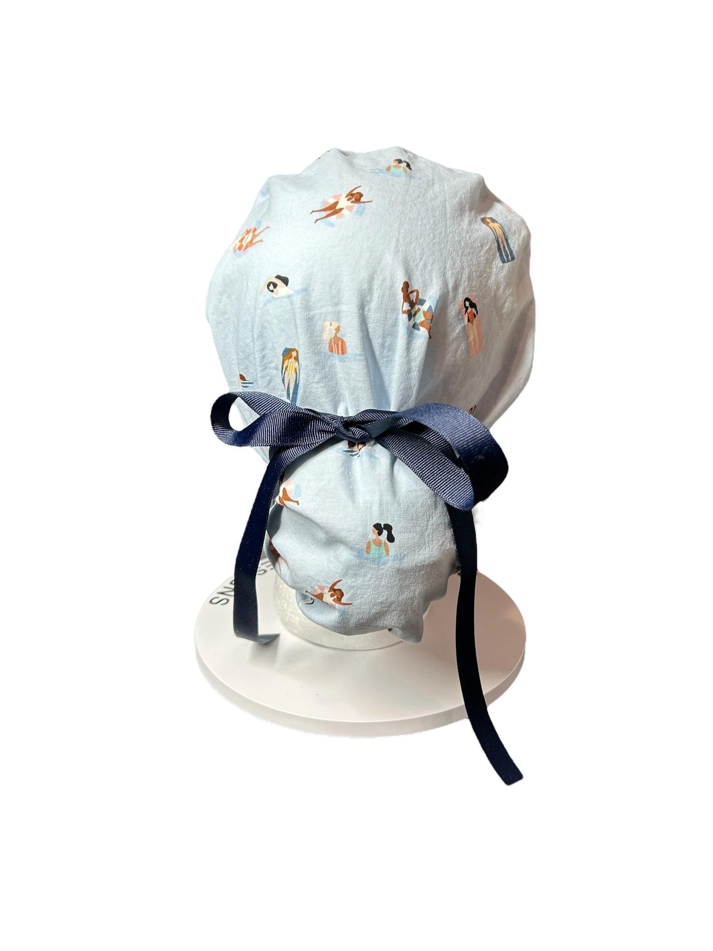 Float Away Sunshine Story ponytail scrub cap, blue summer swim print adjustable pocket ponytail scrub hat