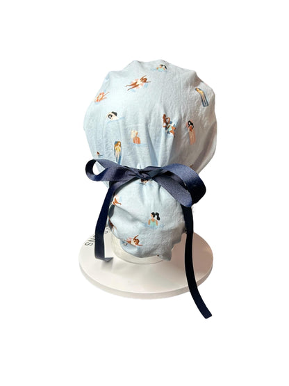 Float Away Sunshine Story ponytail scrub cap, blue summer swim print adjustable pocket ponytail scrub hat