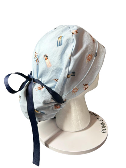 Float Away Sunshine Story ponytail scrub cap, blue summer swim print adjustable pocket ponytail scrub hat