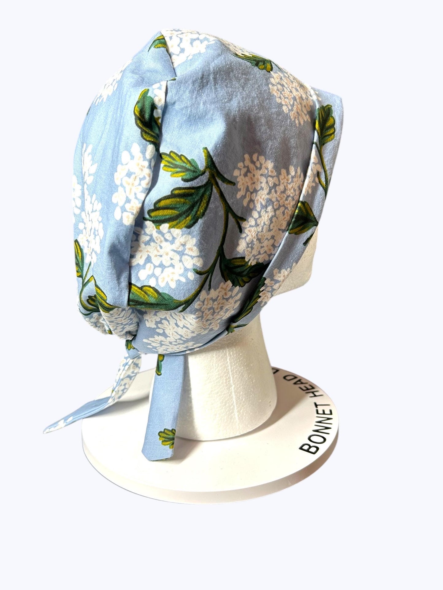 Rifle Paper co blue hydrangea fabric tie back scrub cap, women’s spring hydrangeas floral scrub cap pixie style , Bonnet Head Designs