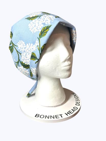 Rifle Paper co blue hydrangea fabric tie back scrub cap, women’s spring hydrangeas floral scrub cap pixie style , Bonnet Head Designs