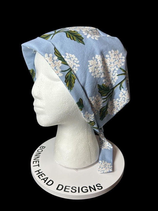 Rifle Paper co blue hydrangea fabric tie back scrub cap, women’s spring hydrangeas floral scrub cap pixie style , Bonnet Head Designs