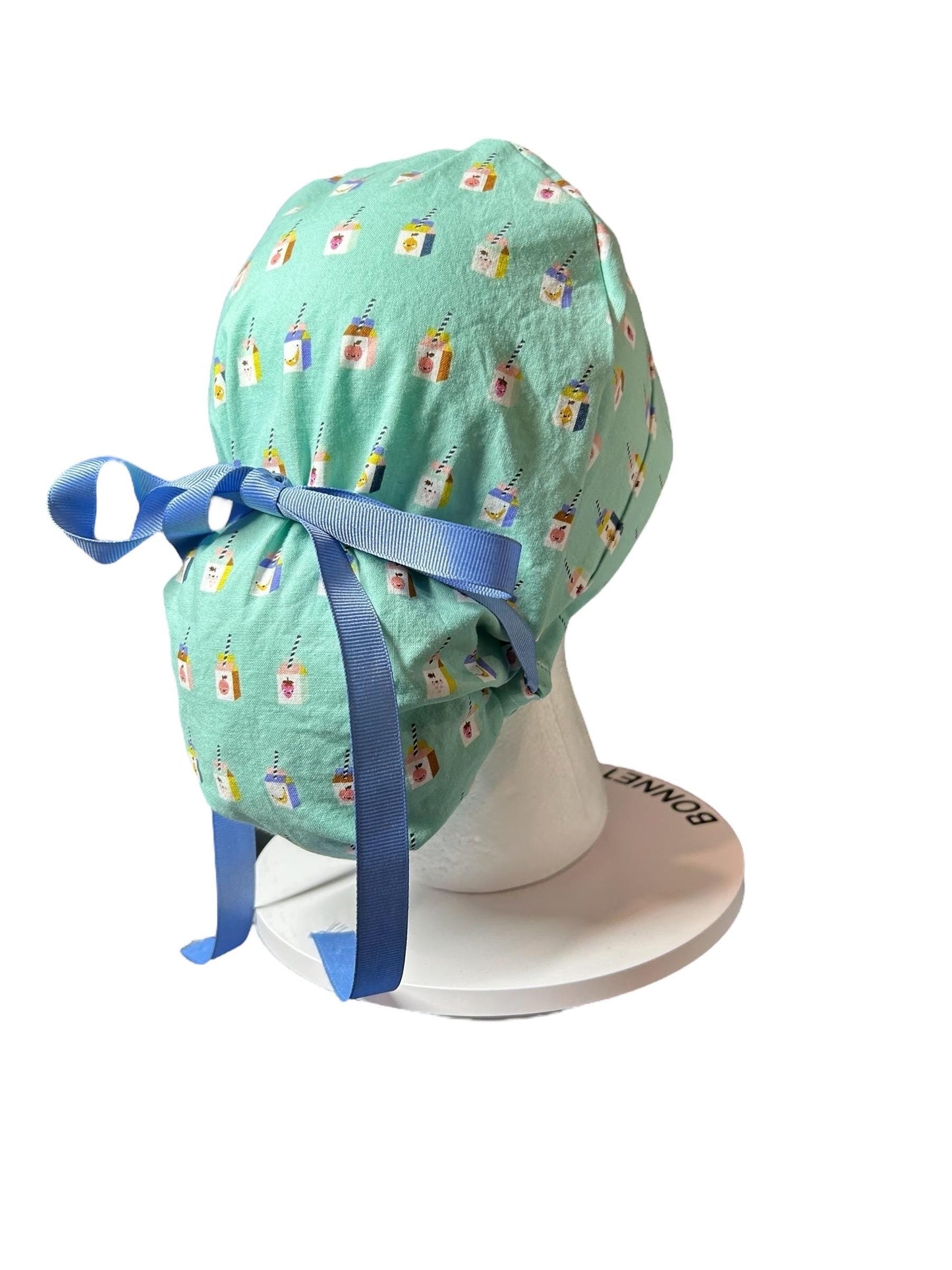 Sunshine smoothies ponytail scrub cap, teal fruit smoothie print ponytail scrub hat with cinch ties
