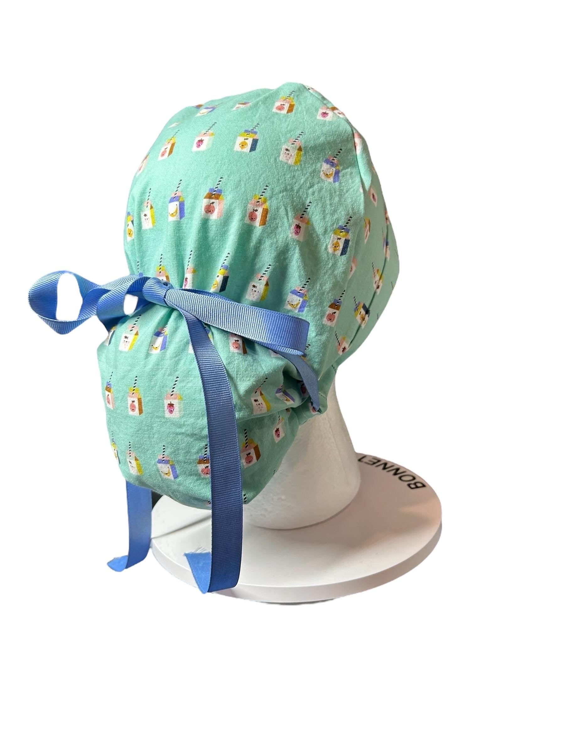 Sunshine smoothies ponytail scrub cap, teal fruit smoothie print ponytail scrub hat with cinch ties