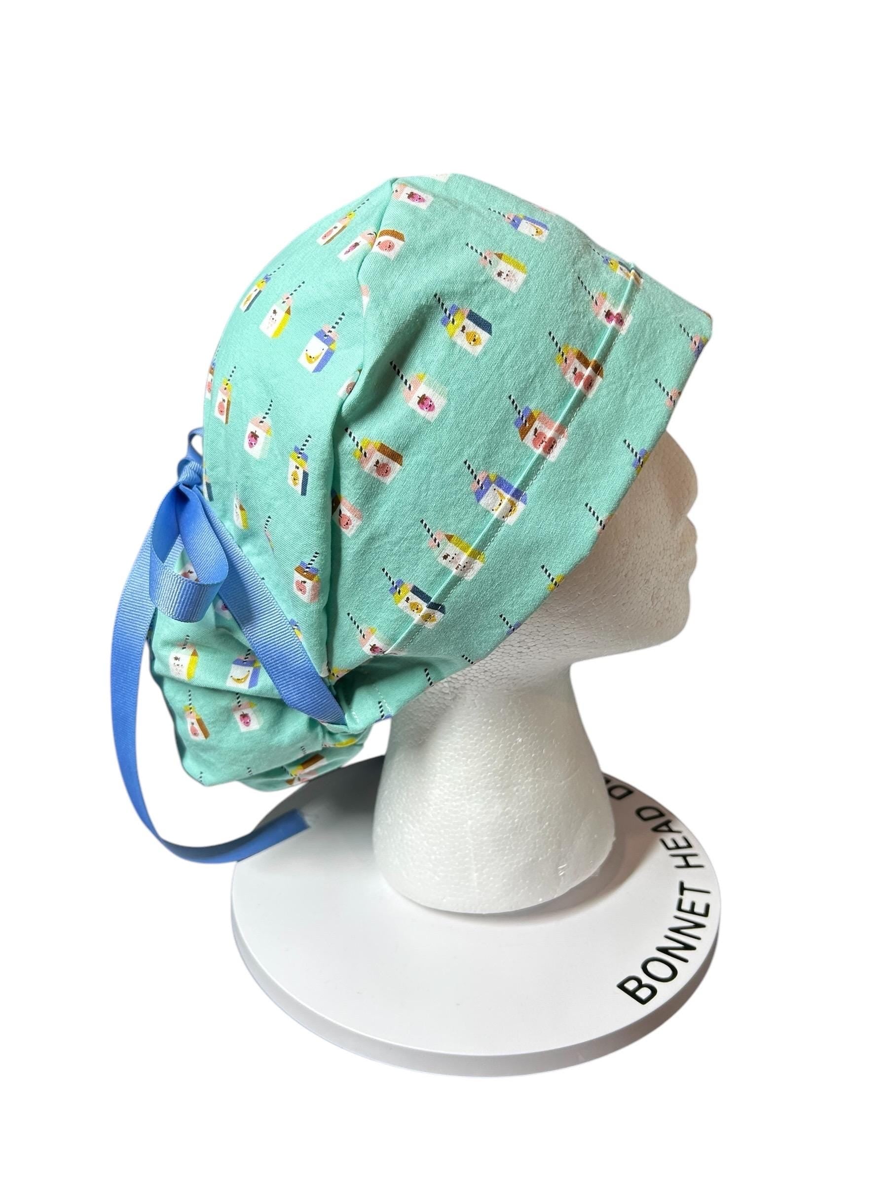 Sunshine smoothies ponytail scrub cap, teal fruit smoothie print ponytail scrub hat with cinch ties
