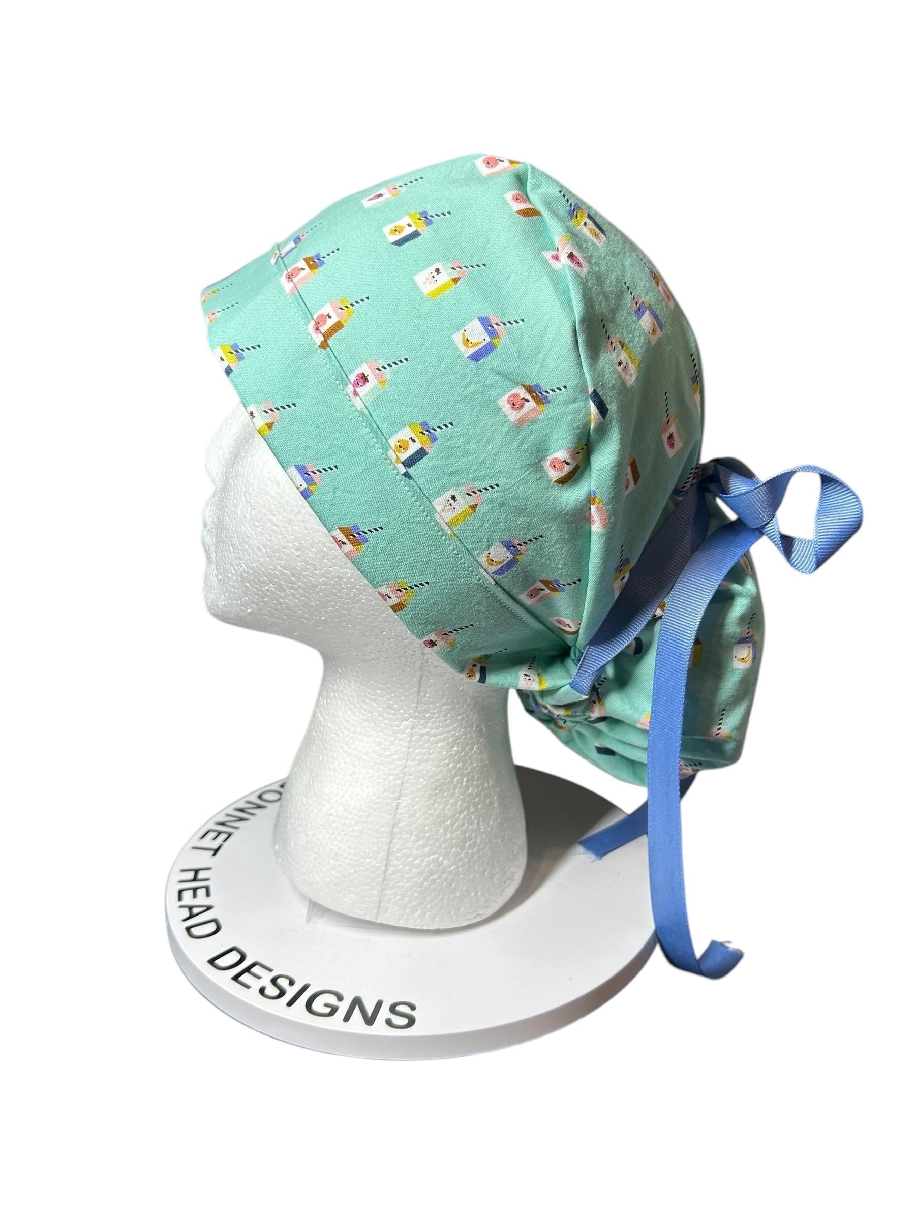 Sunshine smoothies ponytail scrub cap, teal fruit smoothie print ponytail scrub hat with cinch ties