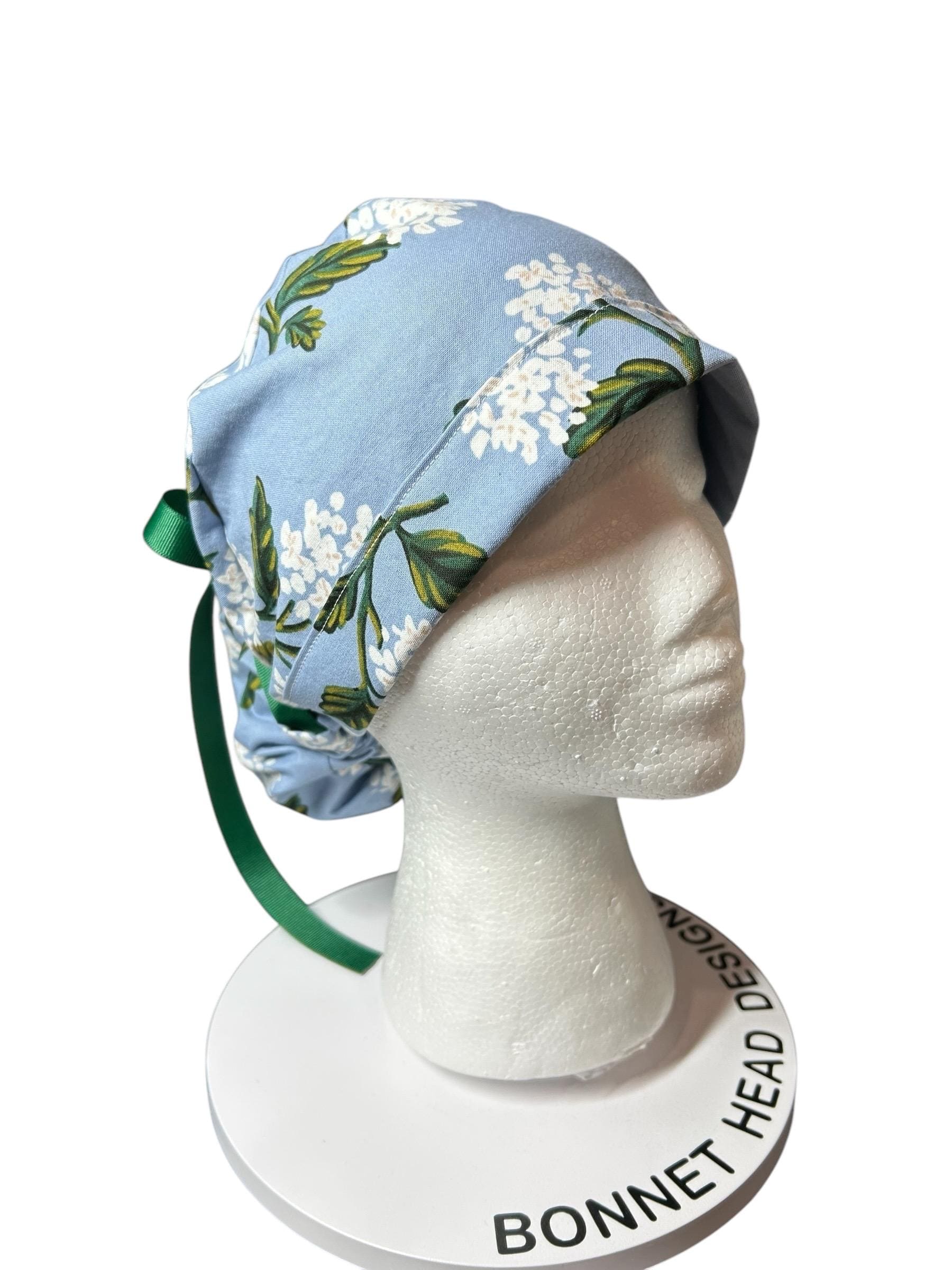 Rifle Paper co blue and white hydrangea ponytail scrub cap, women’s spring hydrangeas floral scrub cap
