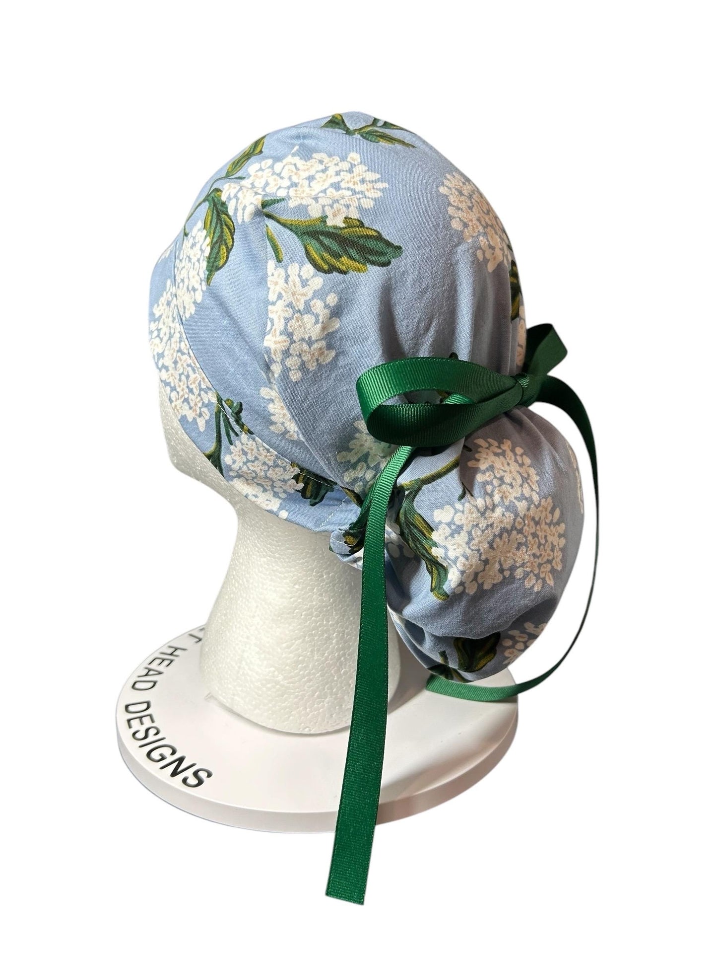 Rifle Paper co blue and white hydrangea ponytail scrub cap, women’s spring hydrangeas floral scrub cap