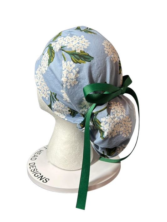 Rifle Paper co blue and white hydrangea ponytail scrub cap, women’s spring hydrangeas floral scrub cap
