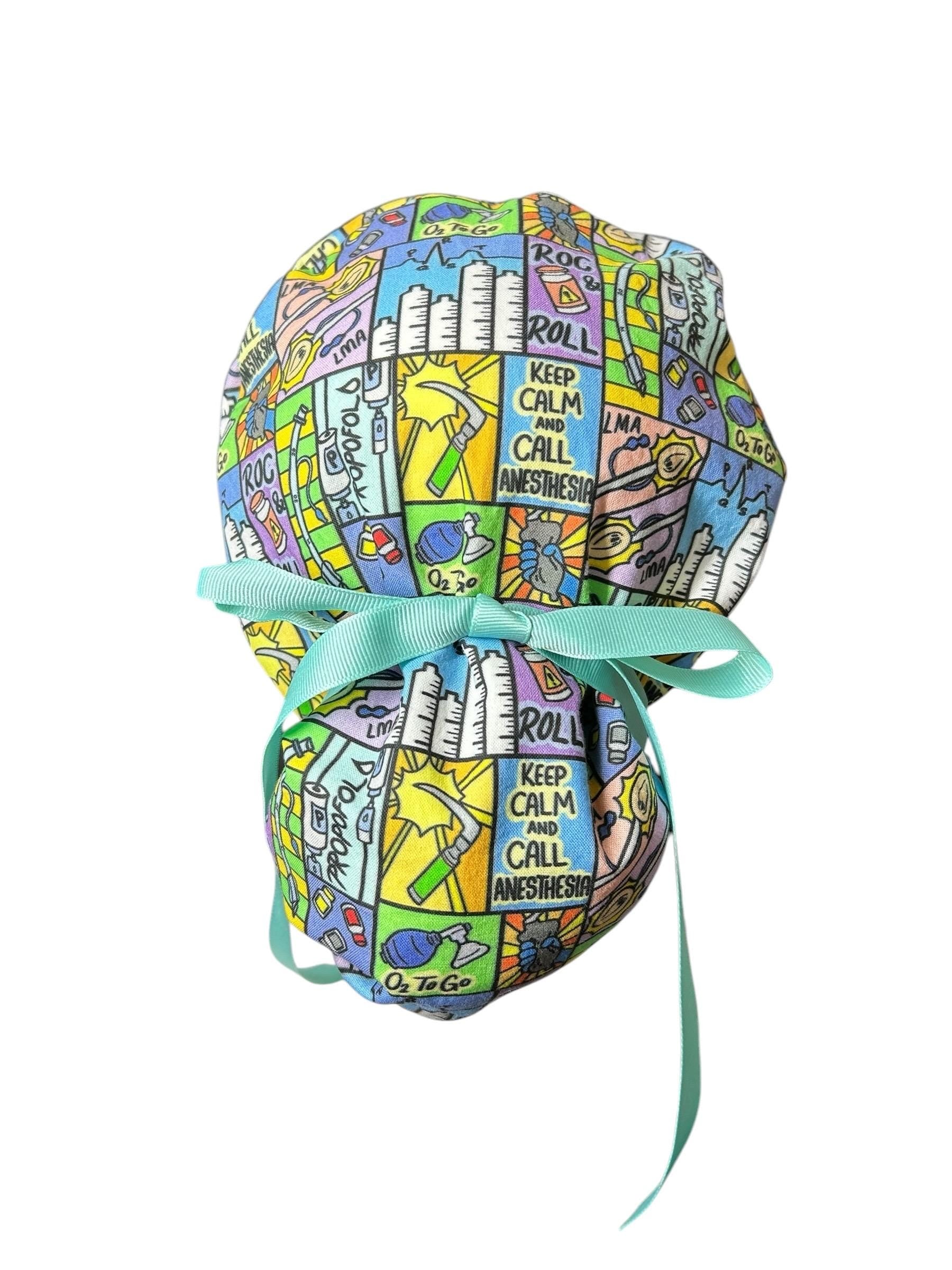 Keep calm and call anesthesia women’s ponytail scrub hat, ponytail scrub hat in anesthesia fabric, gift for doctor or CRNA