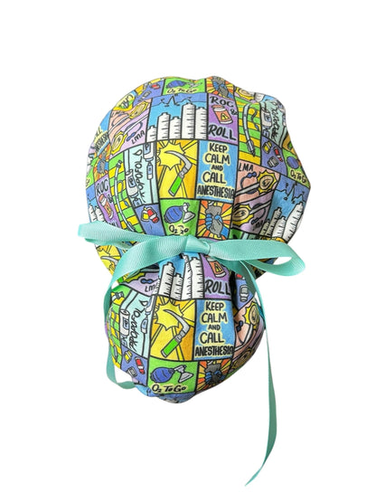 Keep calm and call anesthesia women’s ponytail scrub hat, ponytail scrub hat in anesthesia fabric, gift for doctor or CRNA
