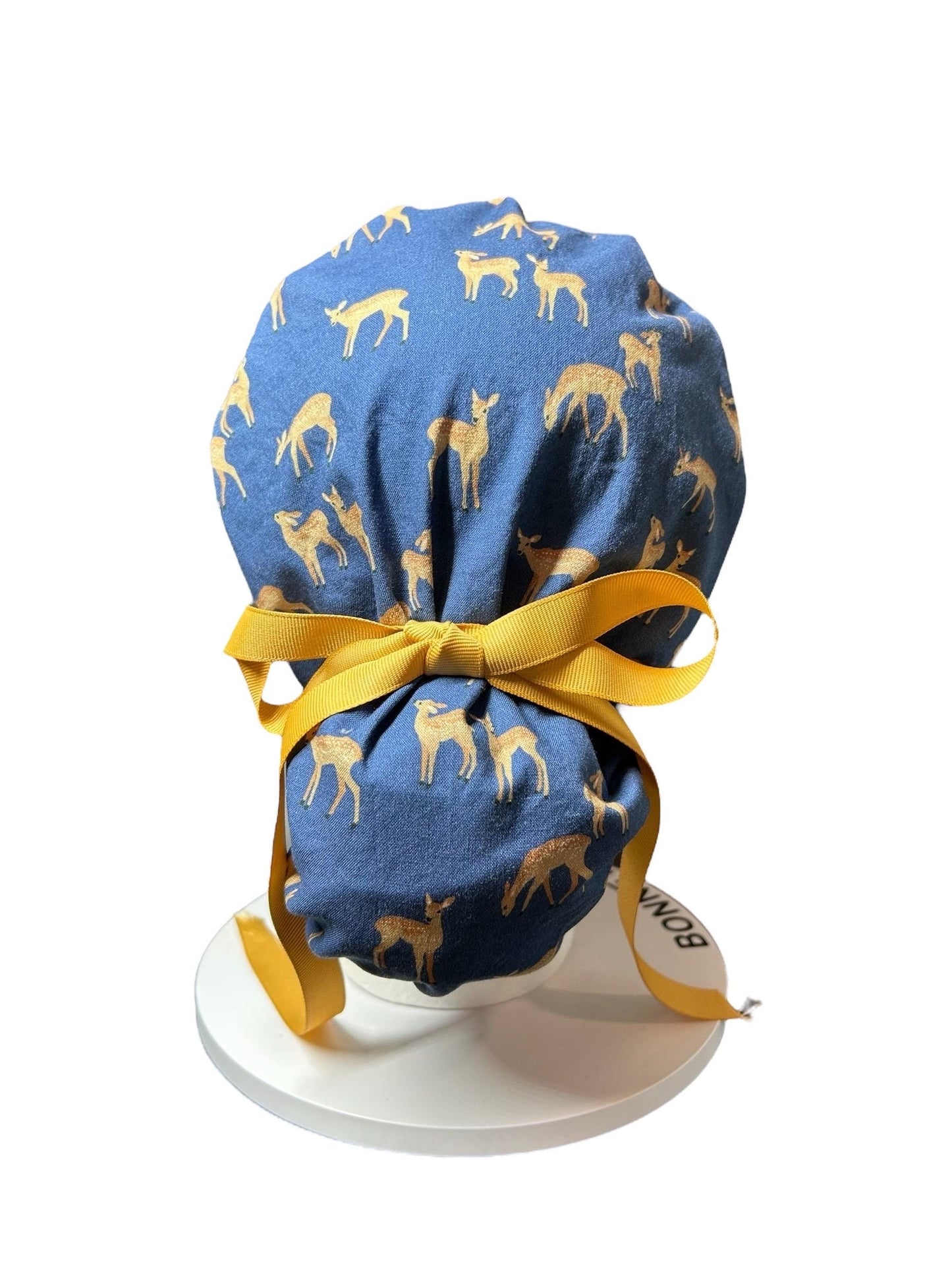 Forest Fable Fawn ponytail scrub cap, women’s navy deer print scrub hat with cinch ties and satin lining option