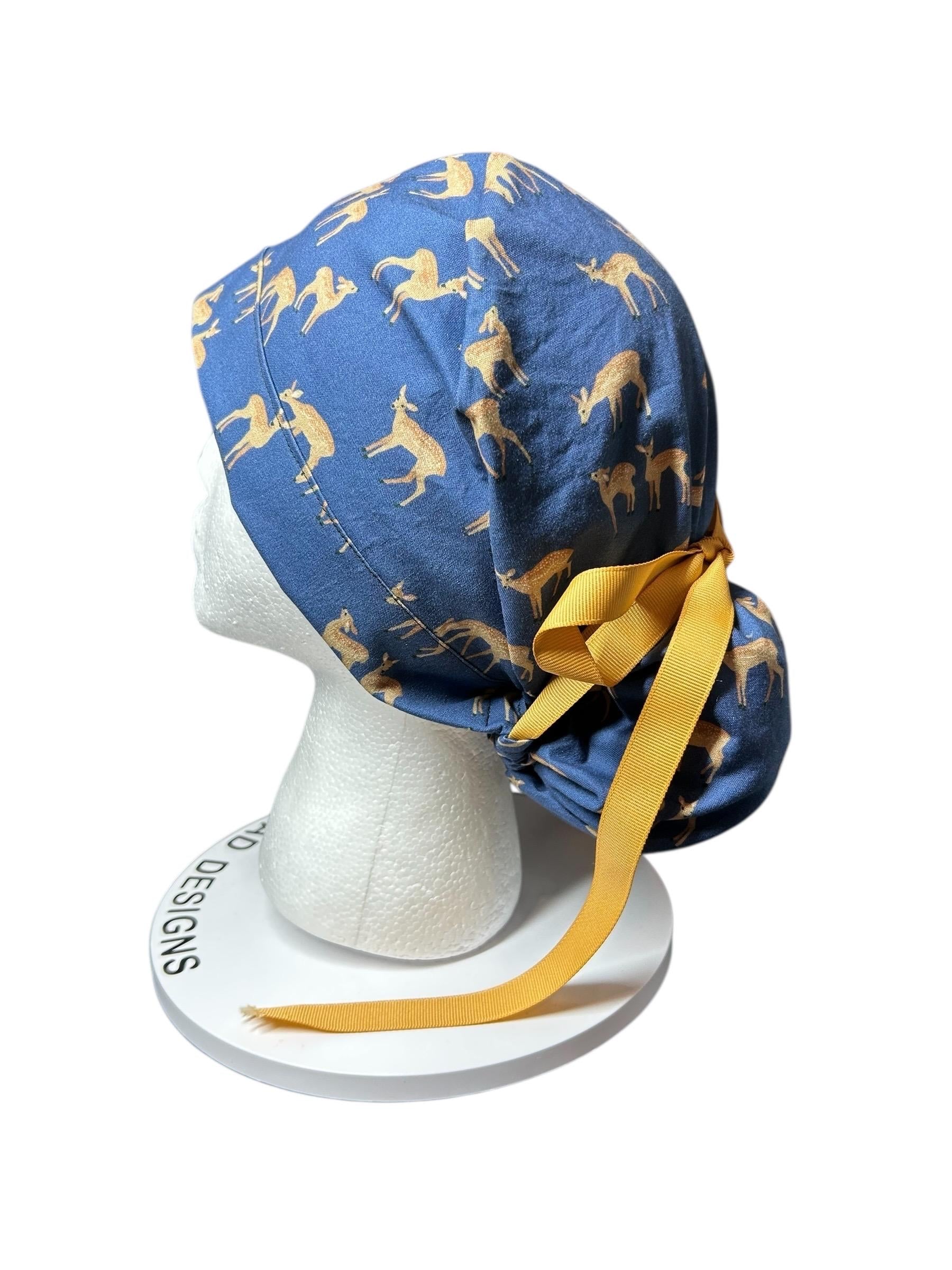 Forest Fable Fawn ponytail scrub cap, women’s navy deer print scrub hat with cinch ties and satin lining option