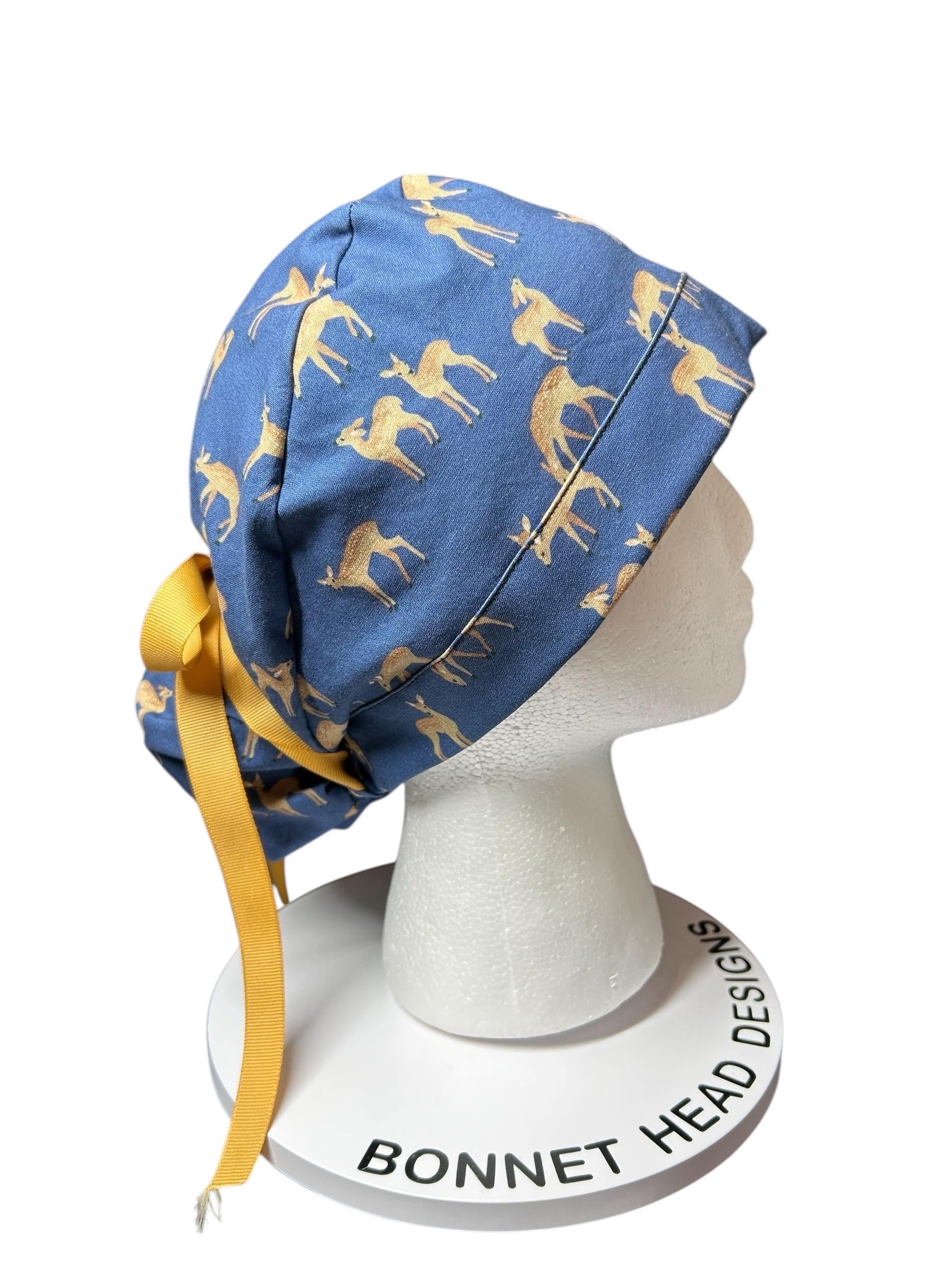 Forest Fable Fawn ponytail scrub cap, women’s navy deer print scrub hat with cinch ties and satin lining option