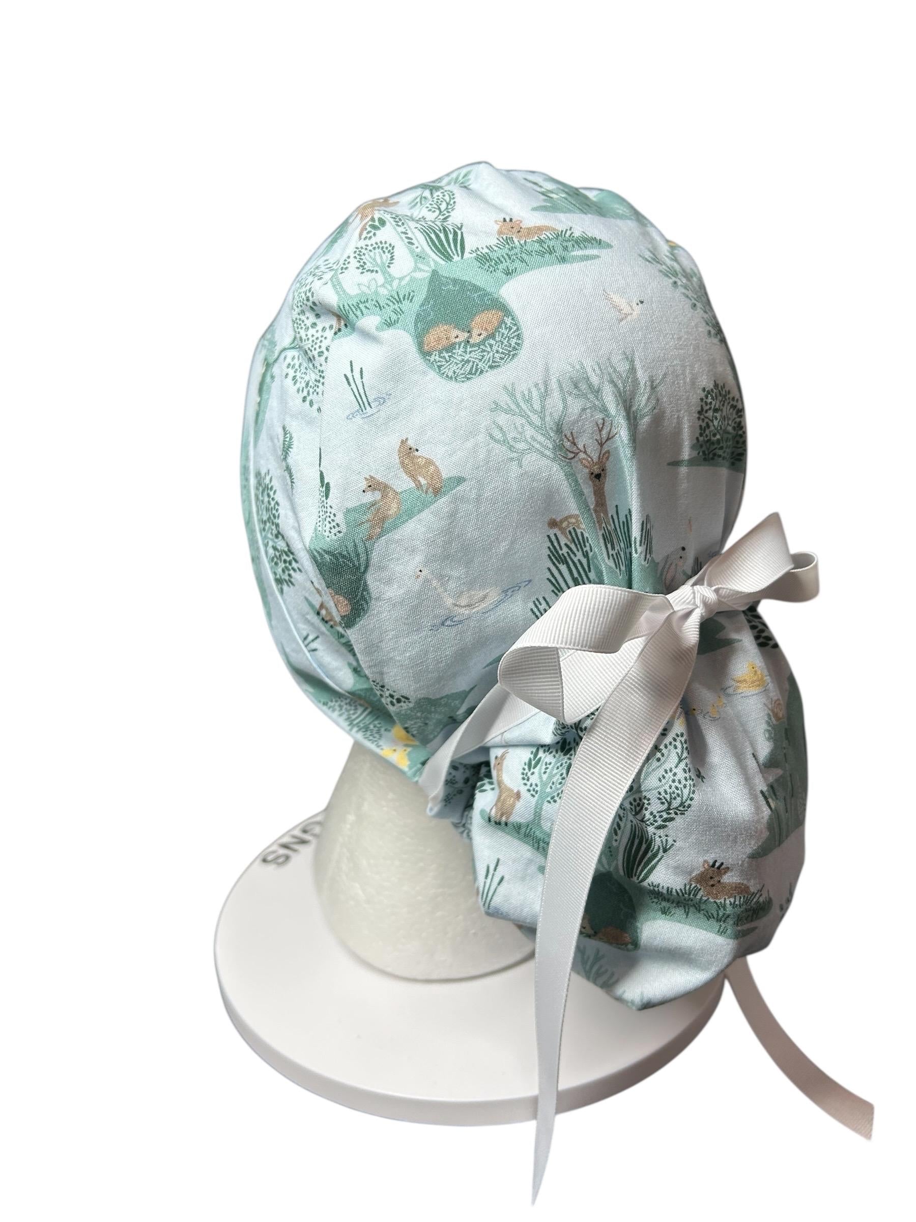 Forest Fable in Seagram ponytail scrub cap, women’s forest print scrub hat with cinch ties and satin lining option